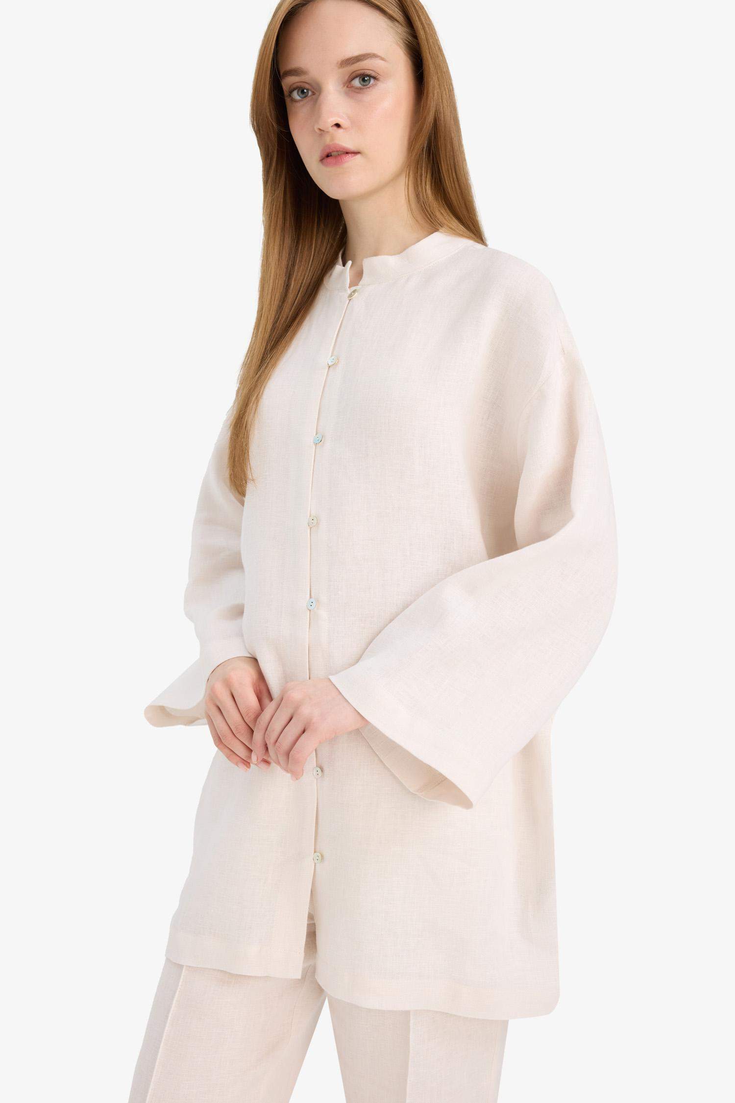 %100 Keten Regular Fit Bağcıklı Uzun Kollu Gömlek Tunik