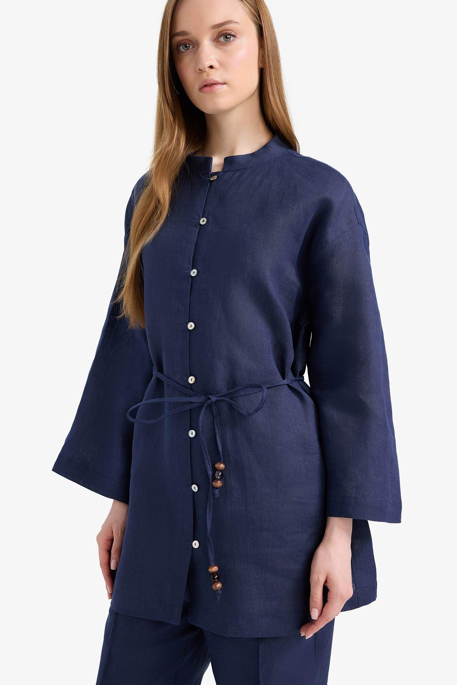 %100 Keten Regular Fit Bağcıklı Uzun Kollu Tesettür Gömlek Tunik