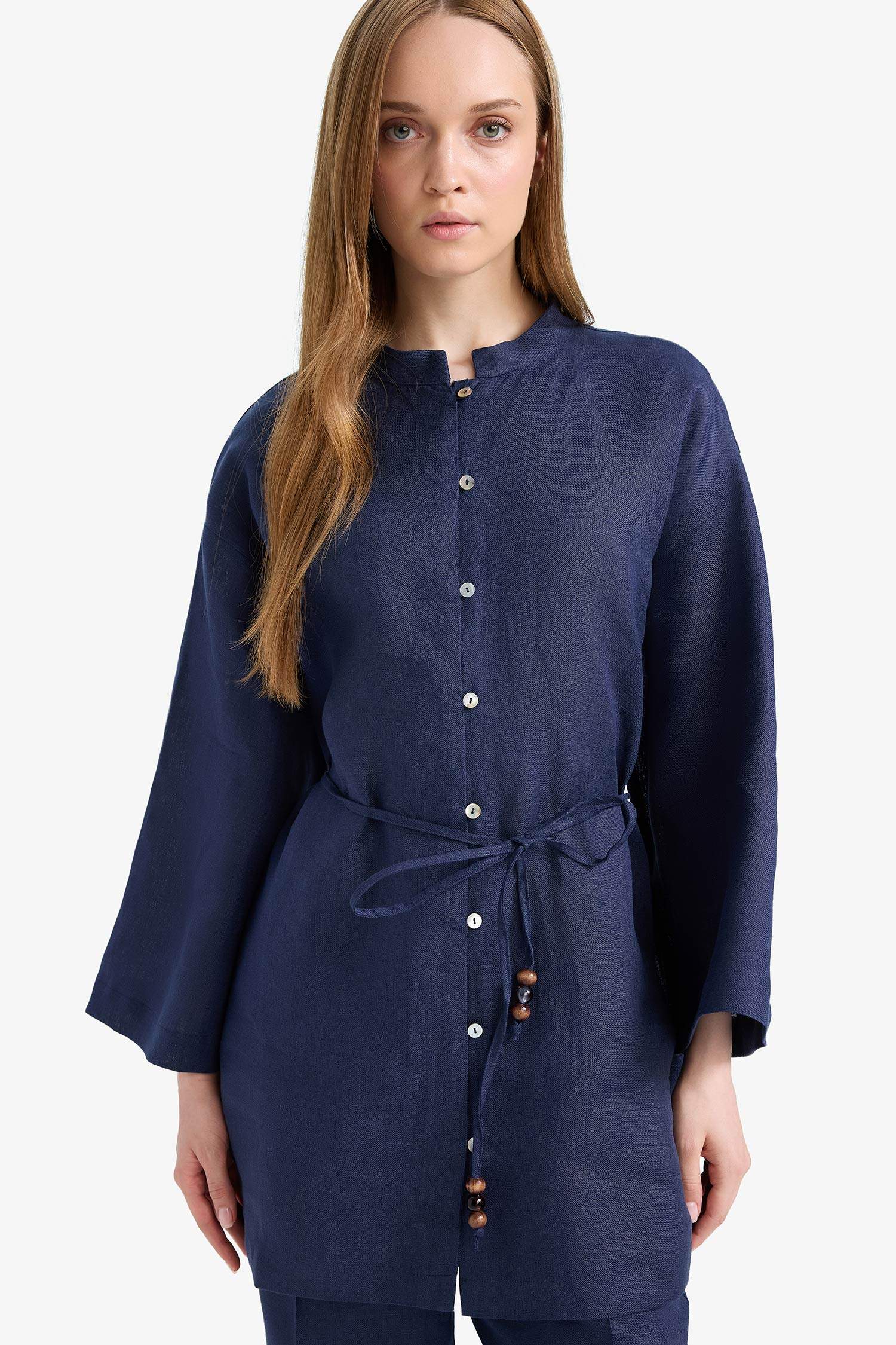 %100 Keten Regular Fit Bağcıklı Uzun Kollu Tesettür Gömlek Tunik