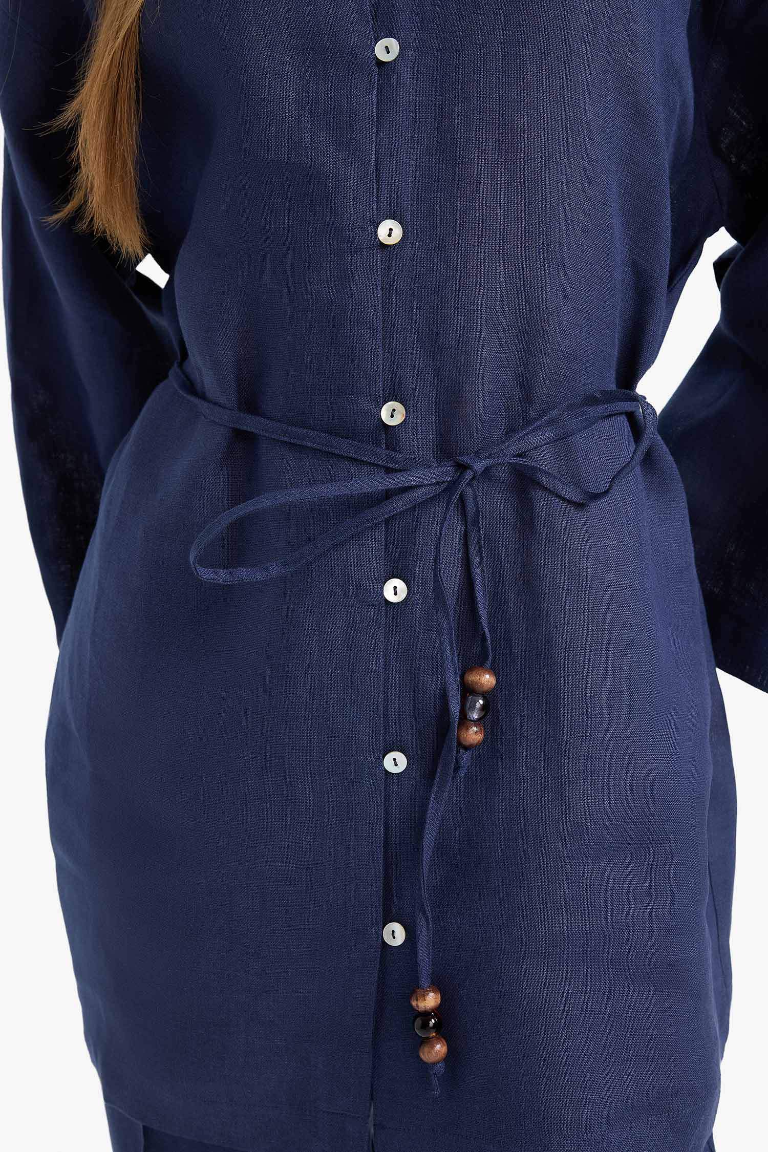 %100 Keten Regular Fit Bağcıklı Uzun Kollu Tesettür Gömlek Tunik