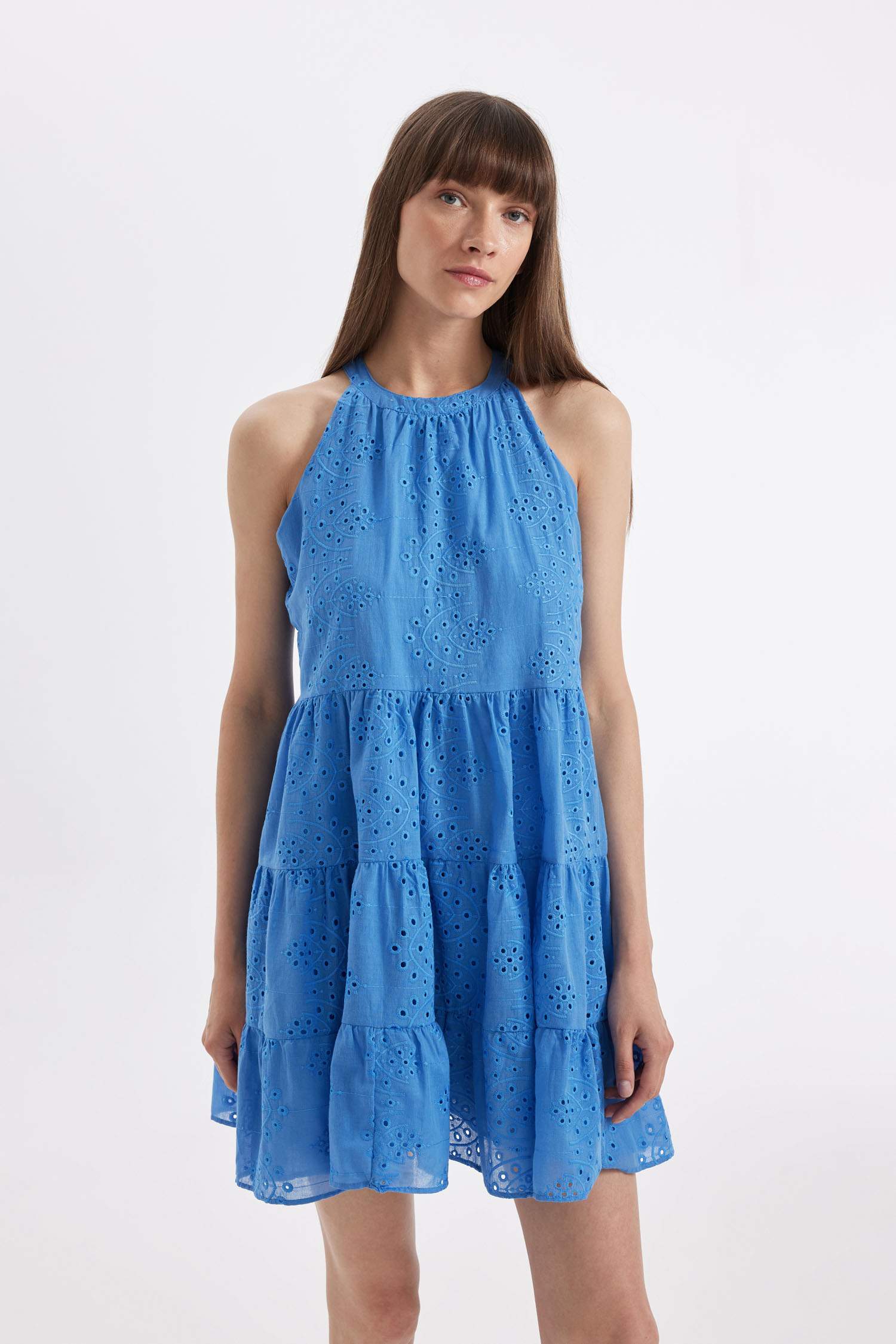A Line Halter Collar brode Sleeveless Mini Dress