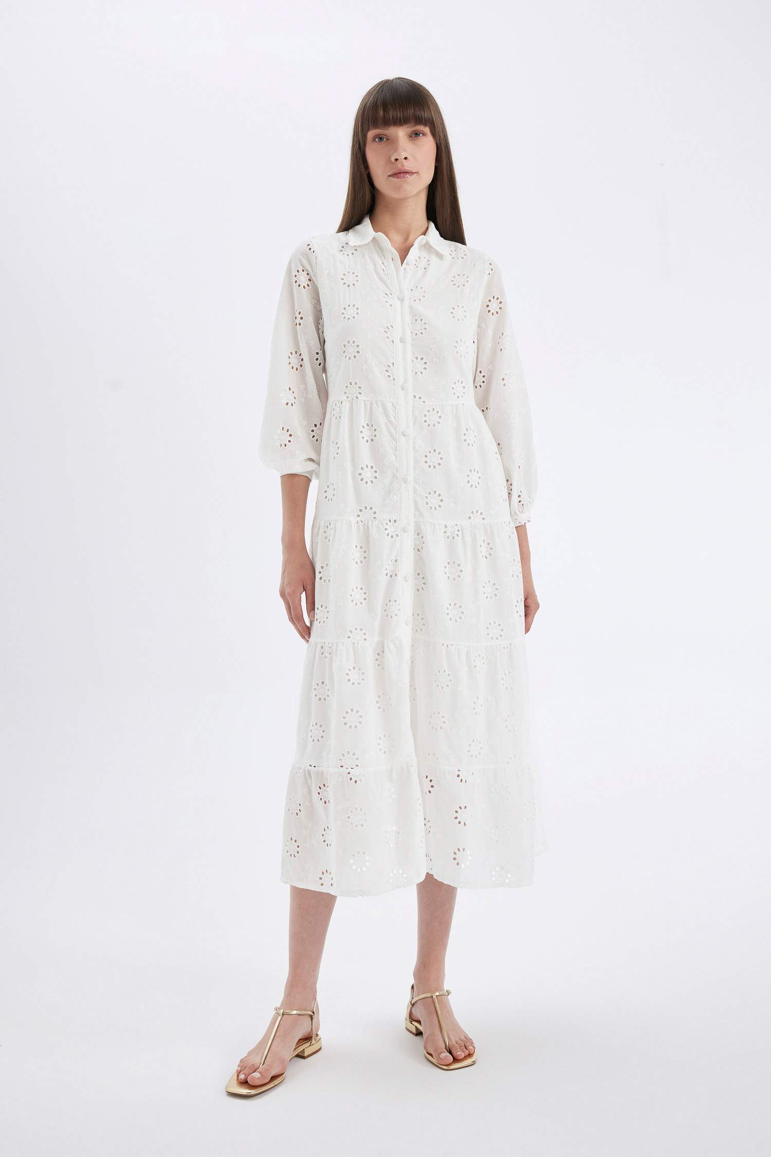Shirt Collar Half Sleeve Maxi White Dress