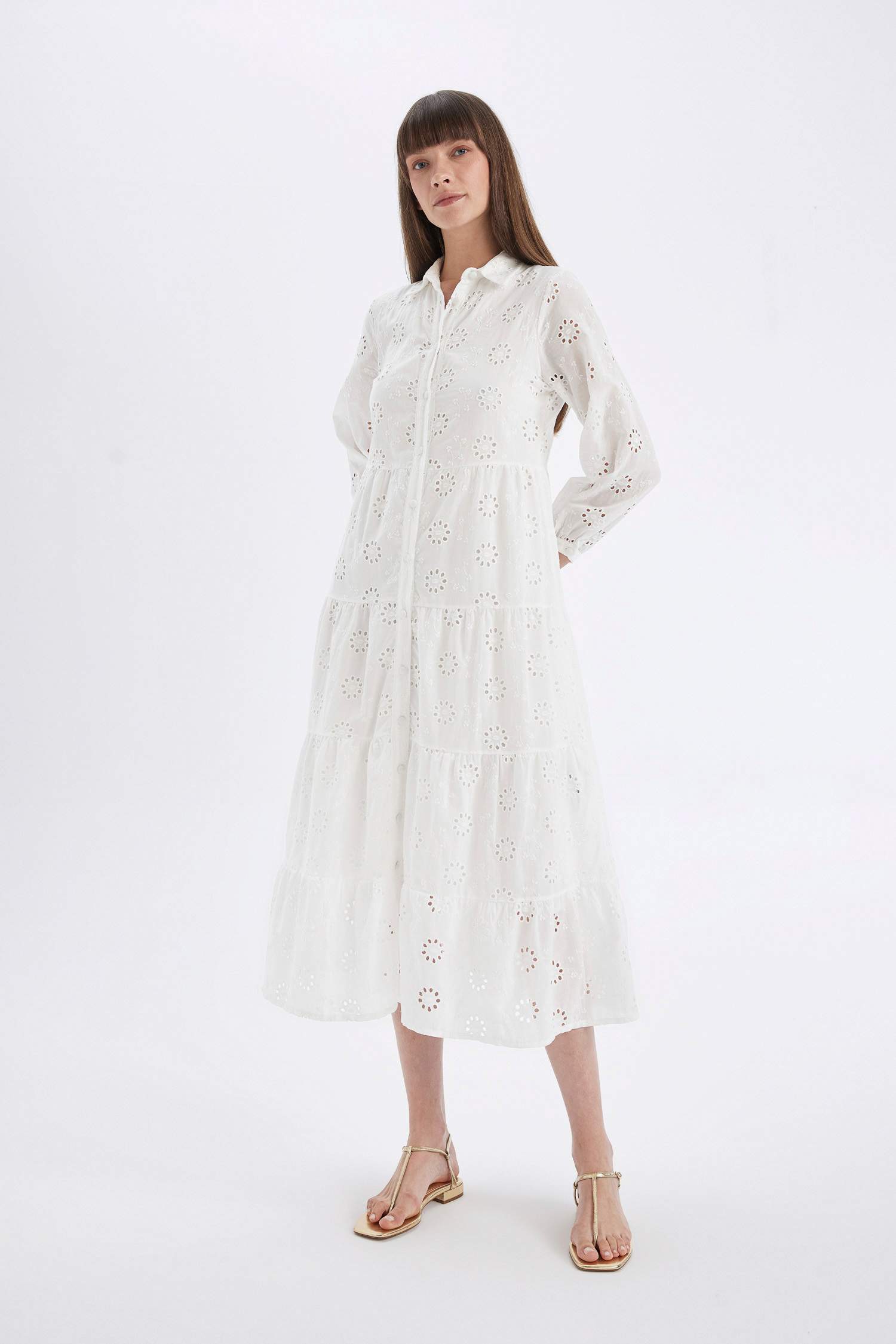 Shirt Collar Half Sleeve Maxi White Dress