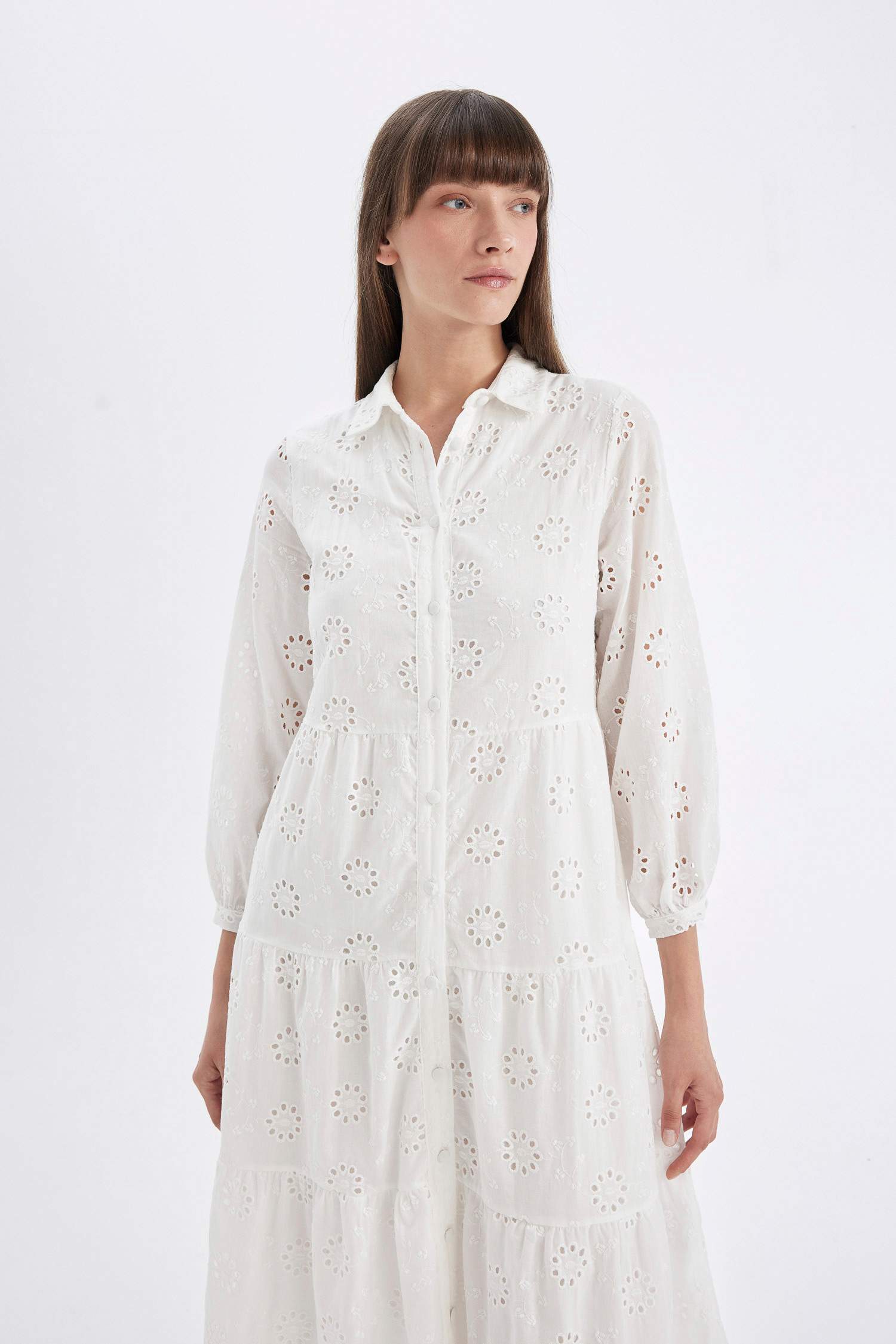 Shirt Collar Half Sleeve Maxi White Dress