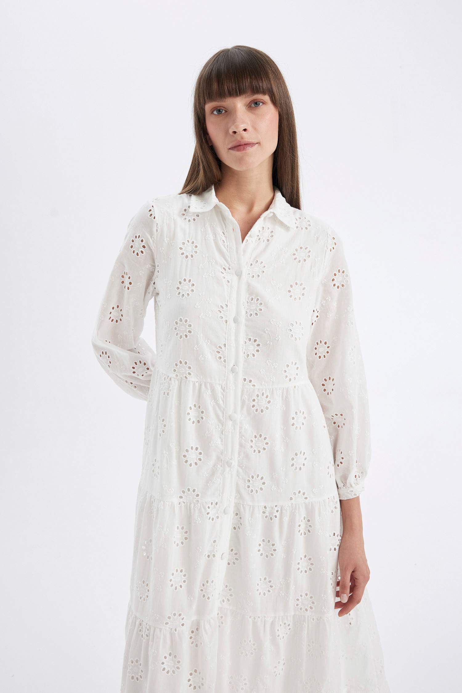 Shirt Collar Half Sleeve Maxi White Dress