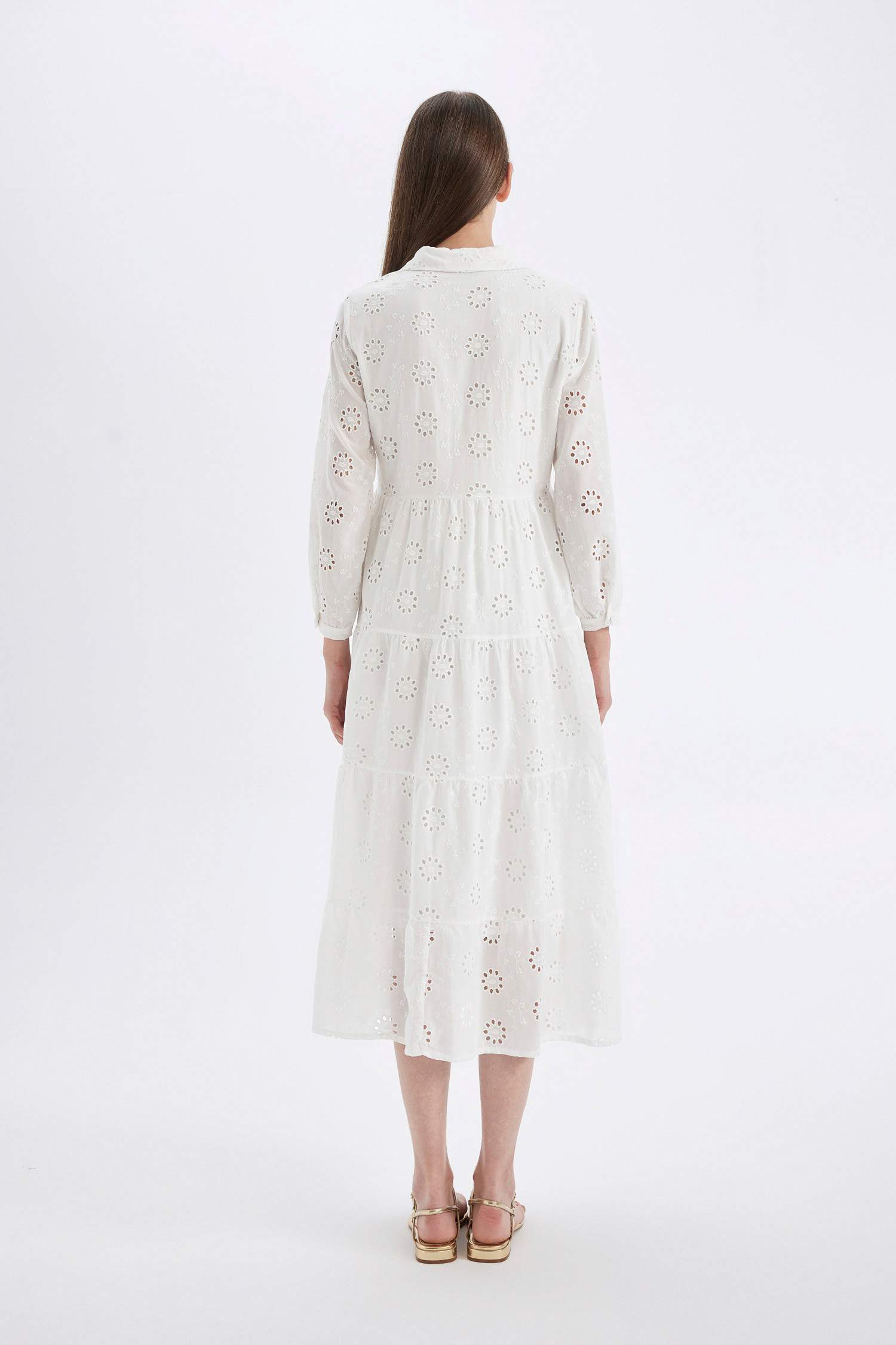 Shirt Collar Half Sleeve Maxi White Dress