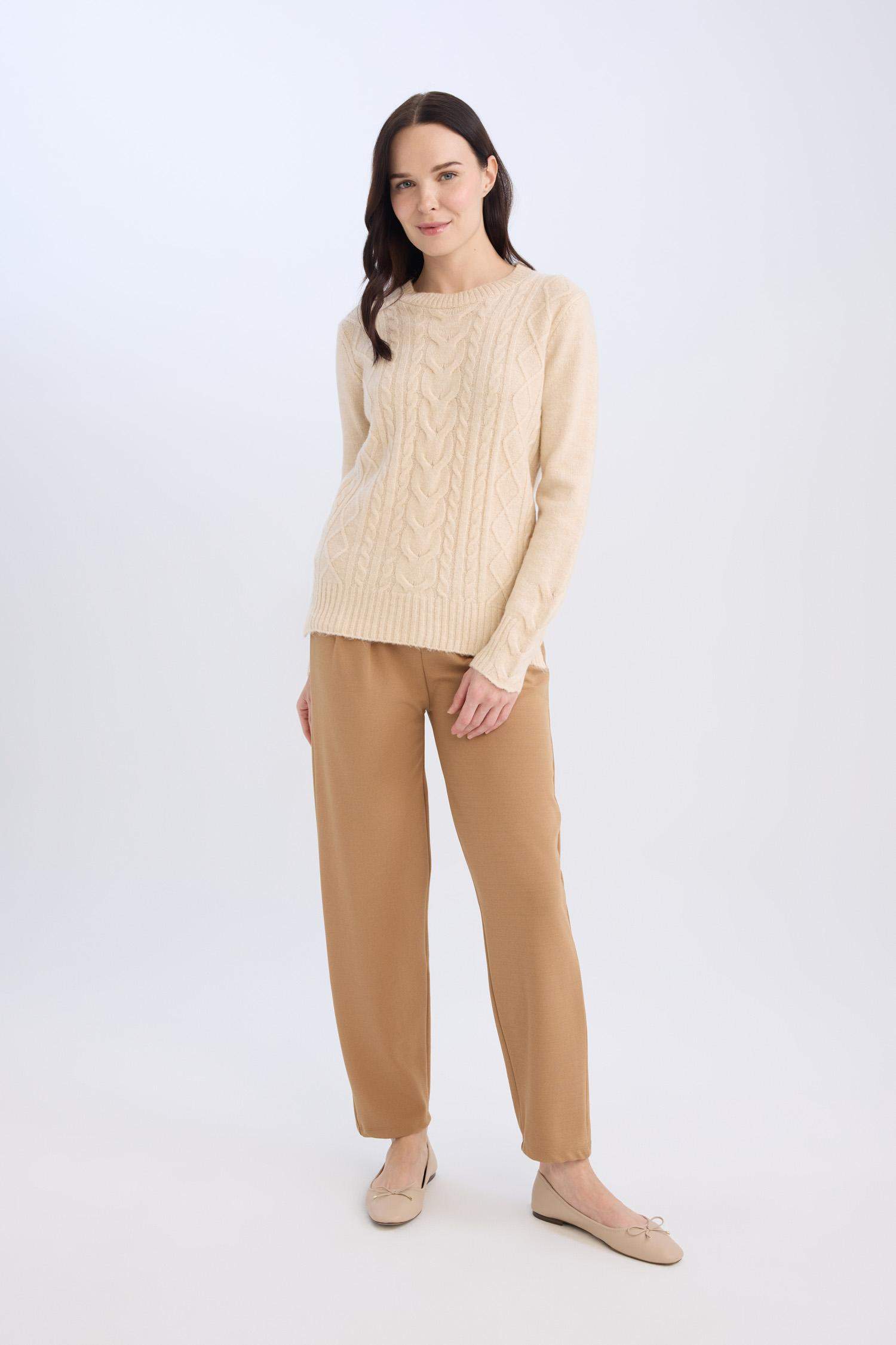 Pantolon Straight Fit Lastikli Bel Piliseli Basic Düz