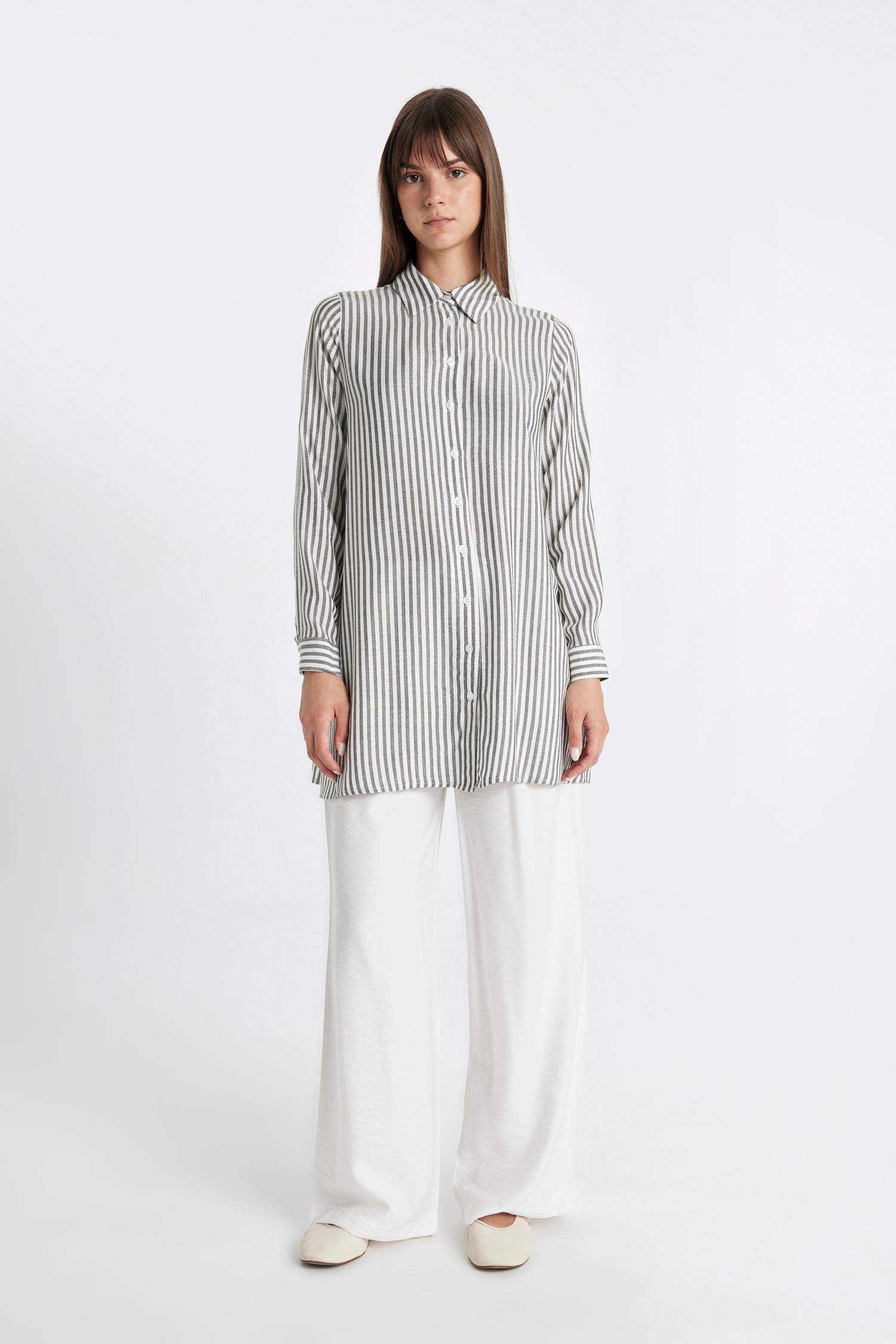 Regular Fit Shirt Collar Striped Tunic