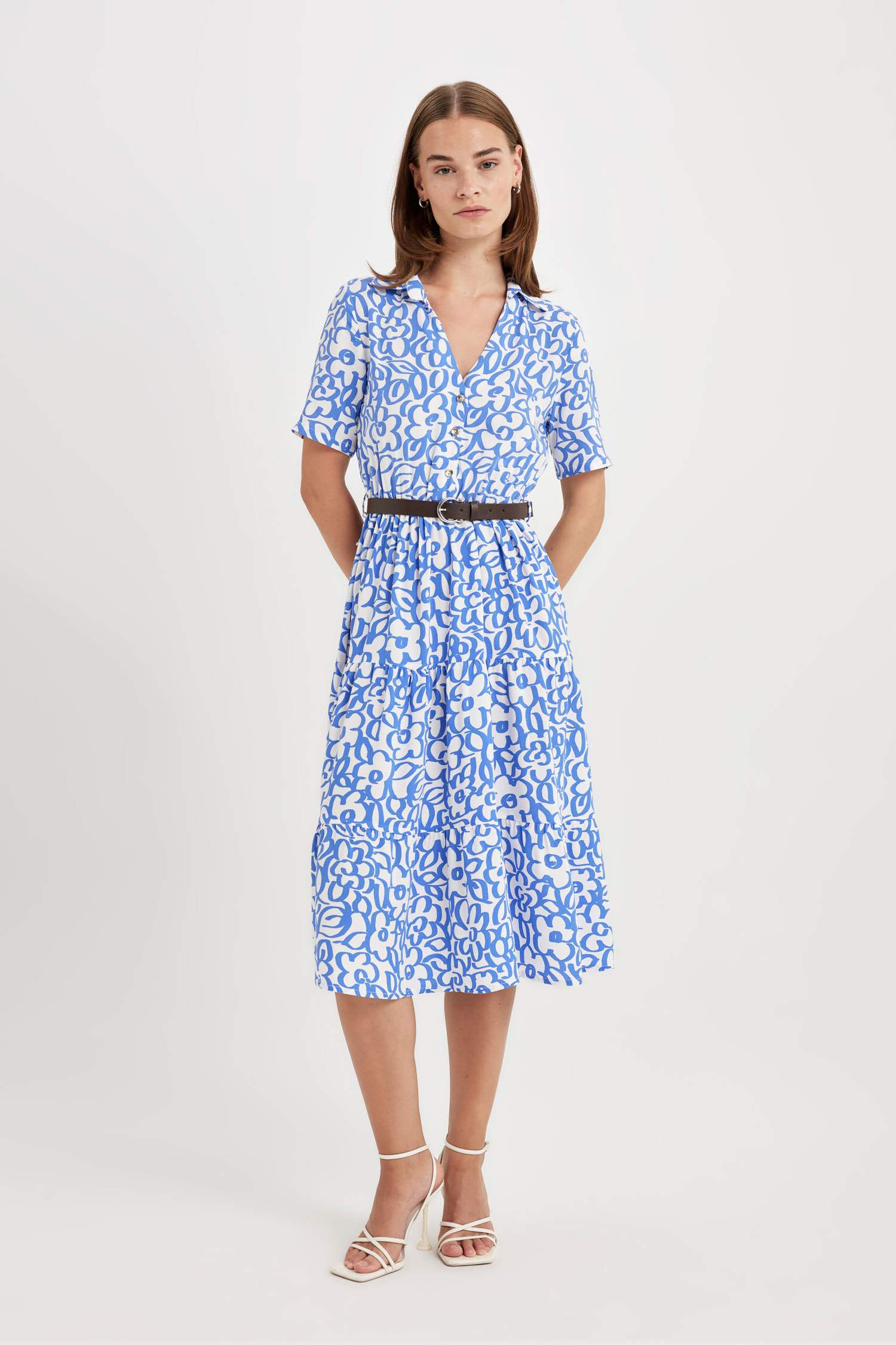 Shirt Collar Printed Short Sleeve Maxi Dress