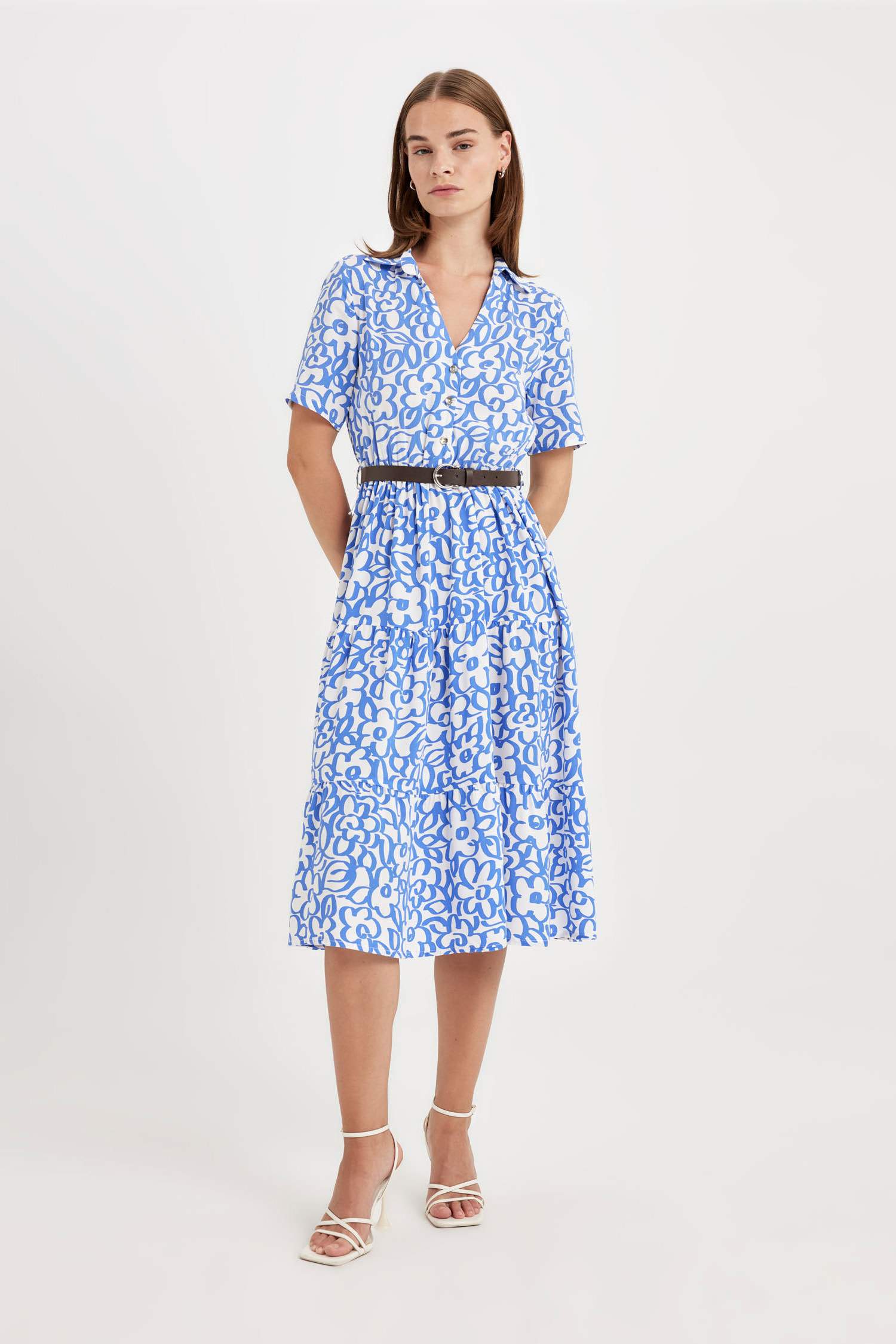 Shirt Collar Printed Short Sleeve Maxi Dress
