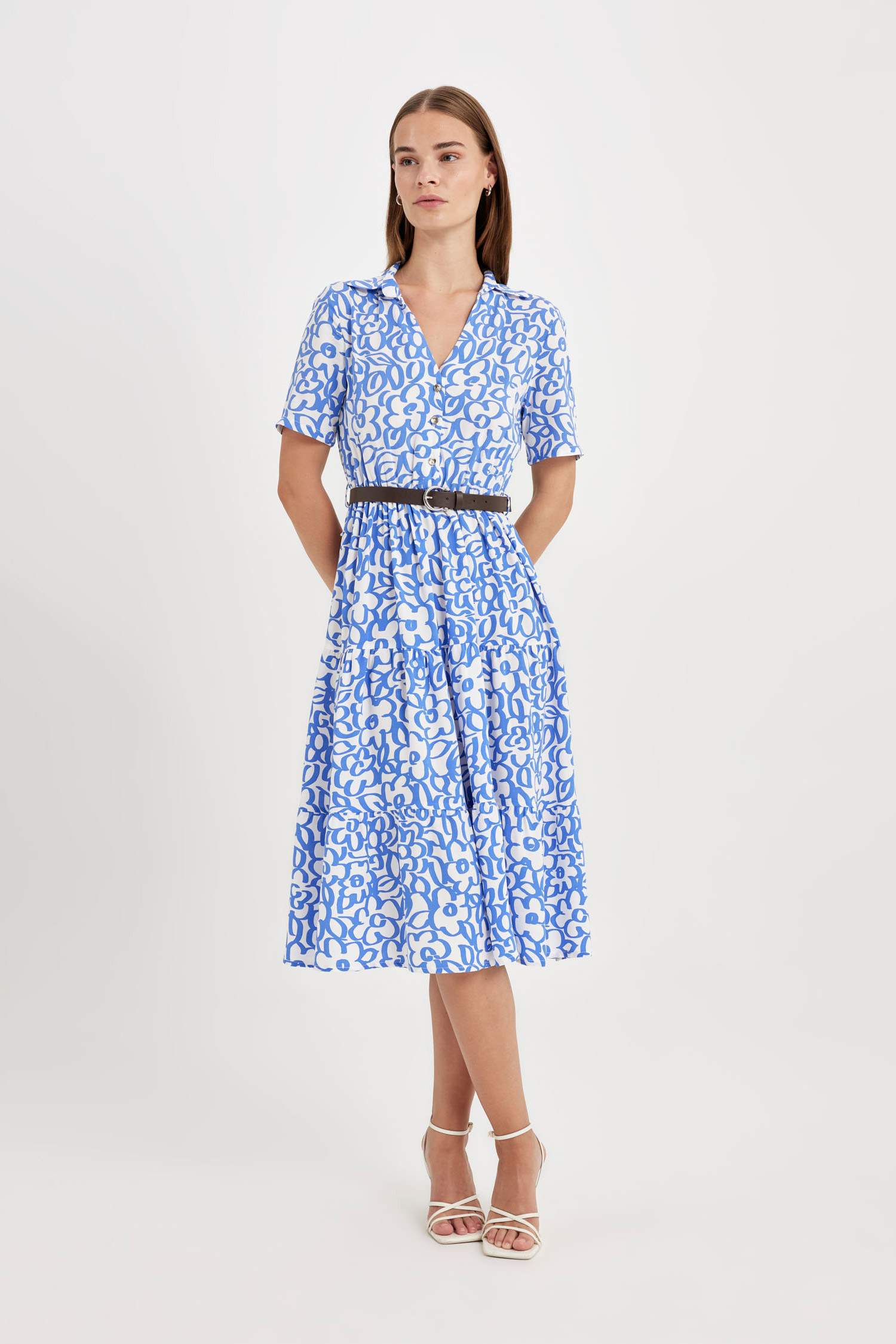 Shirt Collar Printed Short Sleeve Maxi Dress