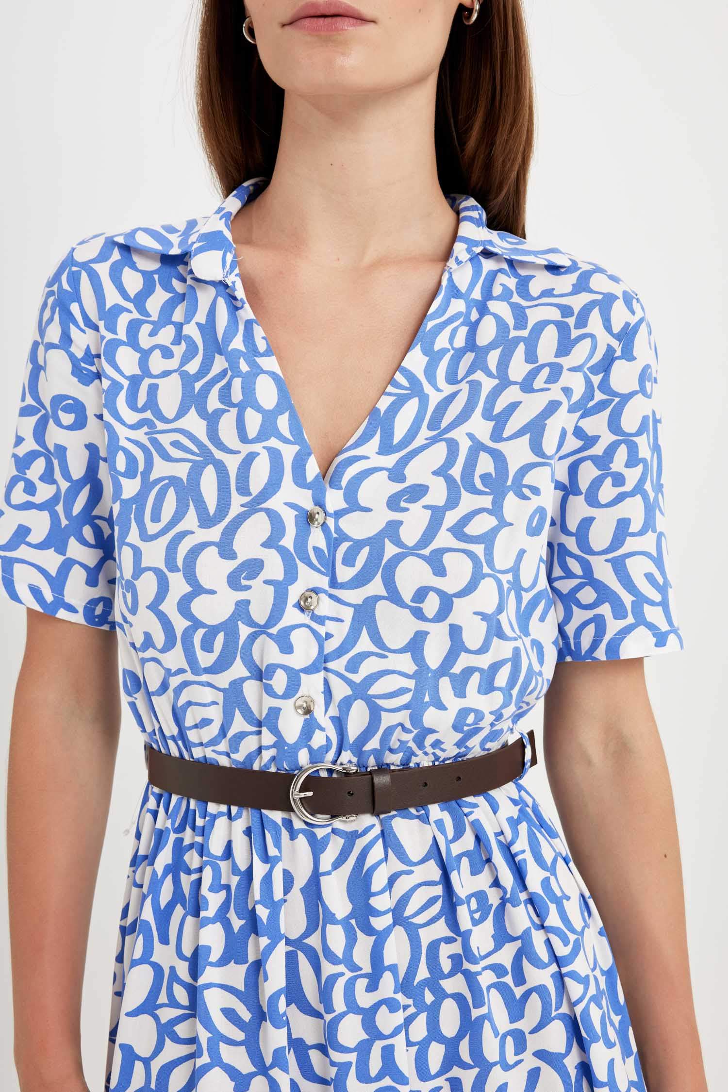 Shirt Collar Printed Short Sleeve Maxi Dress