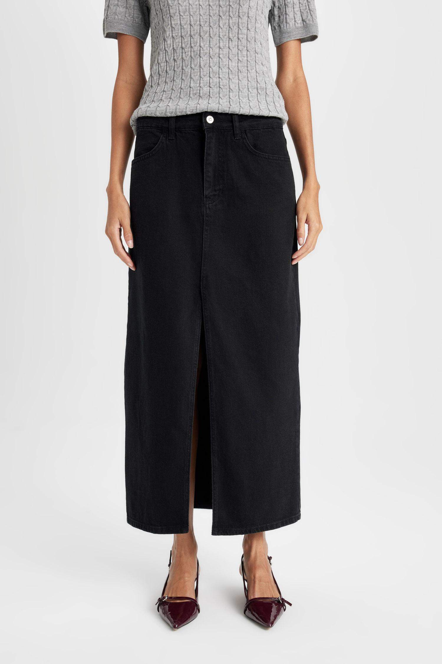 Fashion Fit Yırtmaçlı Cepli Uzun Boy Jean Etek