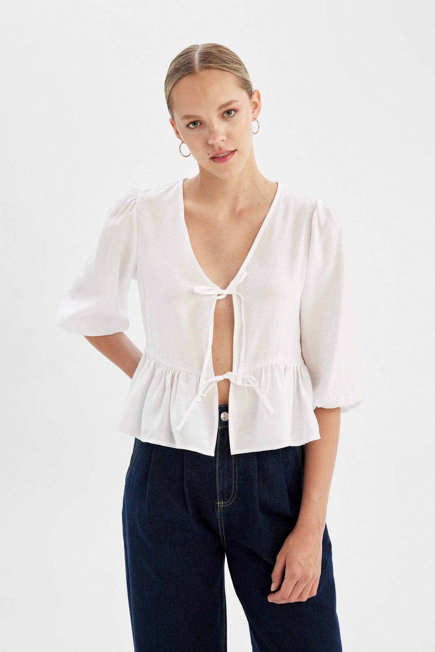 V Yaka Modal Önden Bağlamalı Uzun Kollu Beyaz Bluz