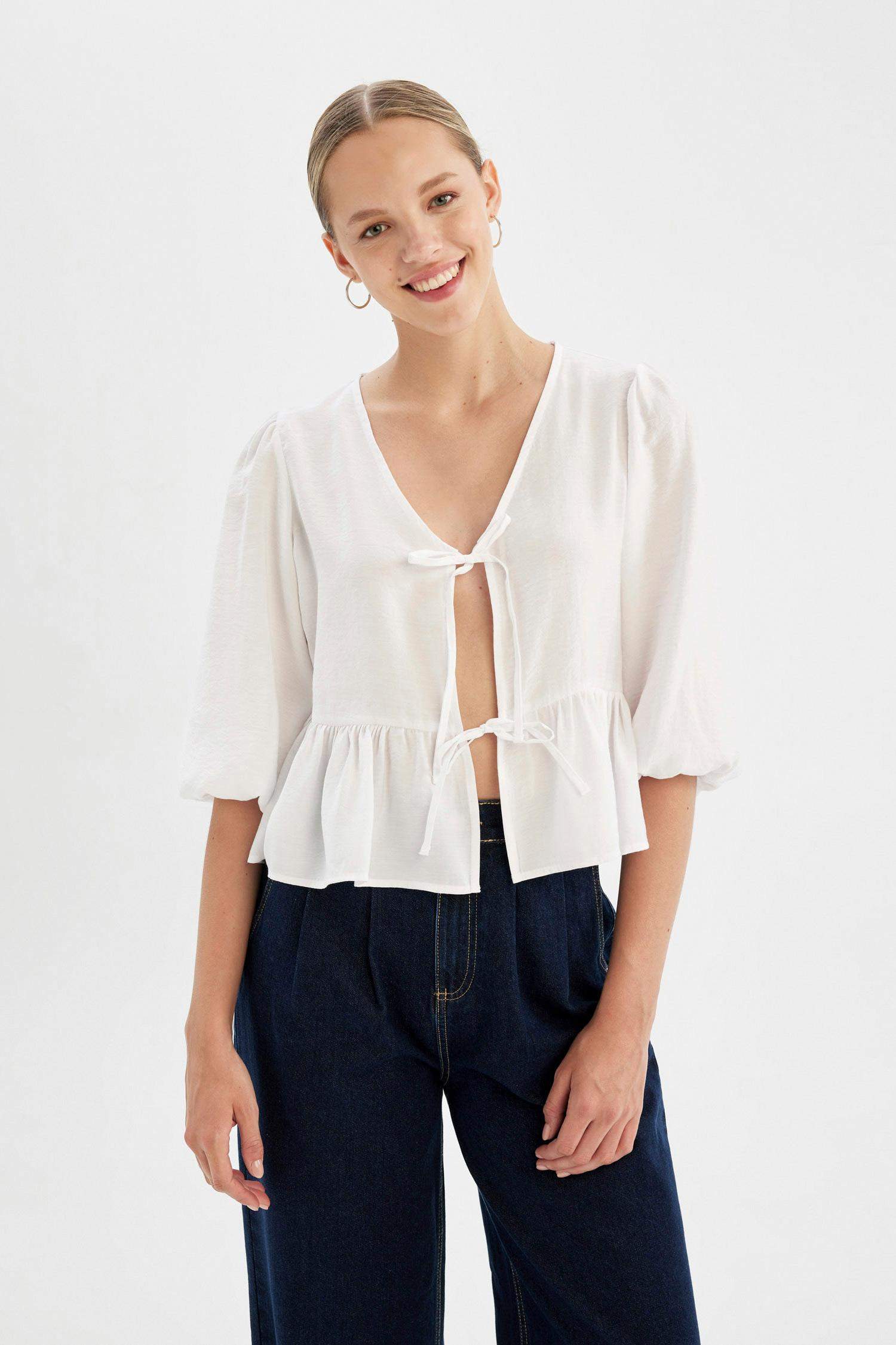 V Yaka Modal Önden Bağlamalı Uzun Kollu Beyaz Bluz