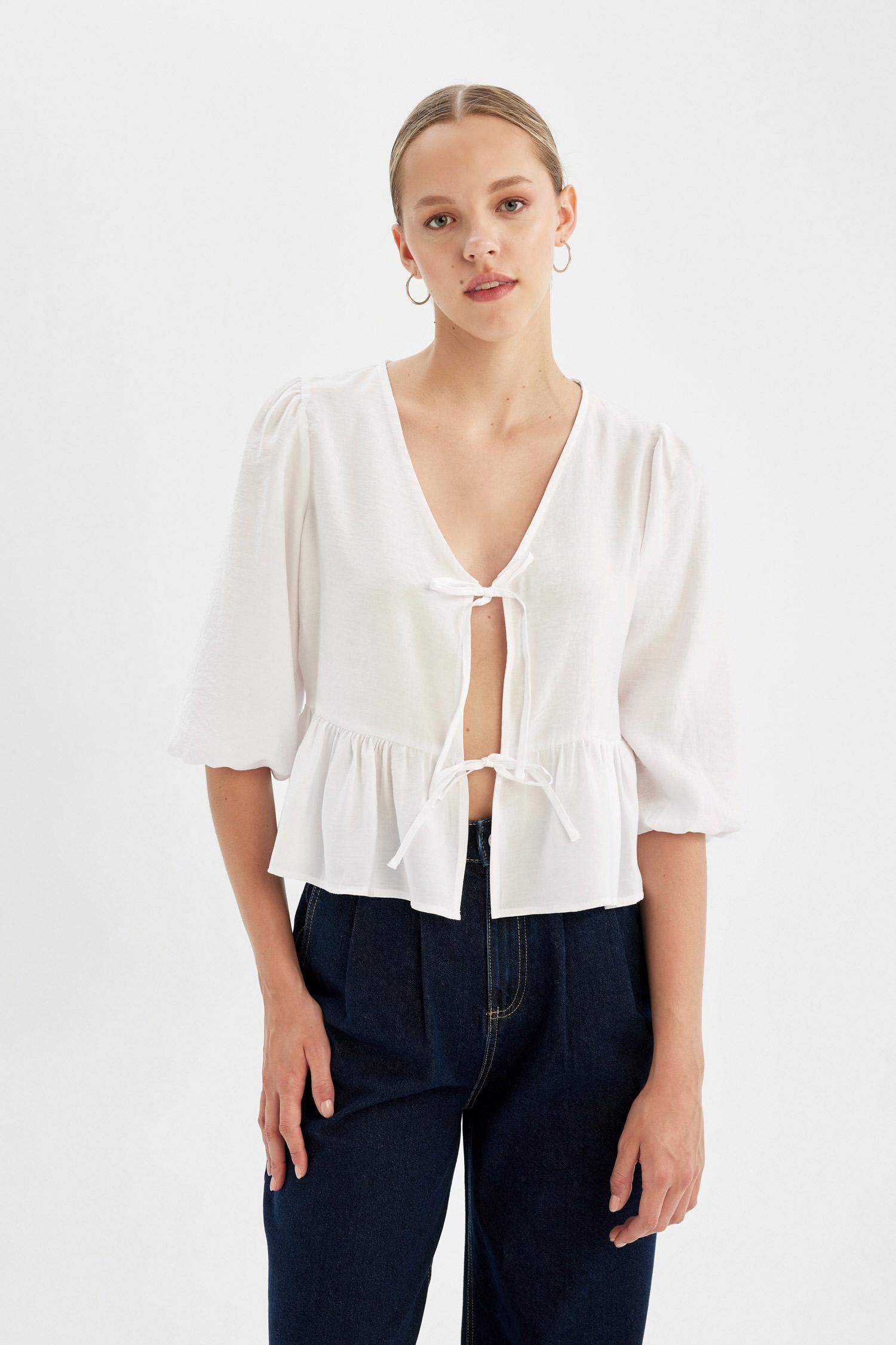 V Yaka Modal Önden Bağlamalı Uzun Kollu Beyaz Bluz