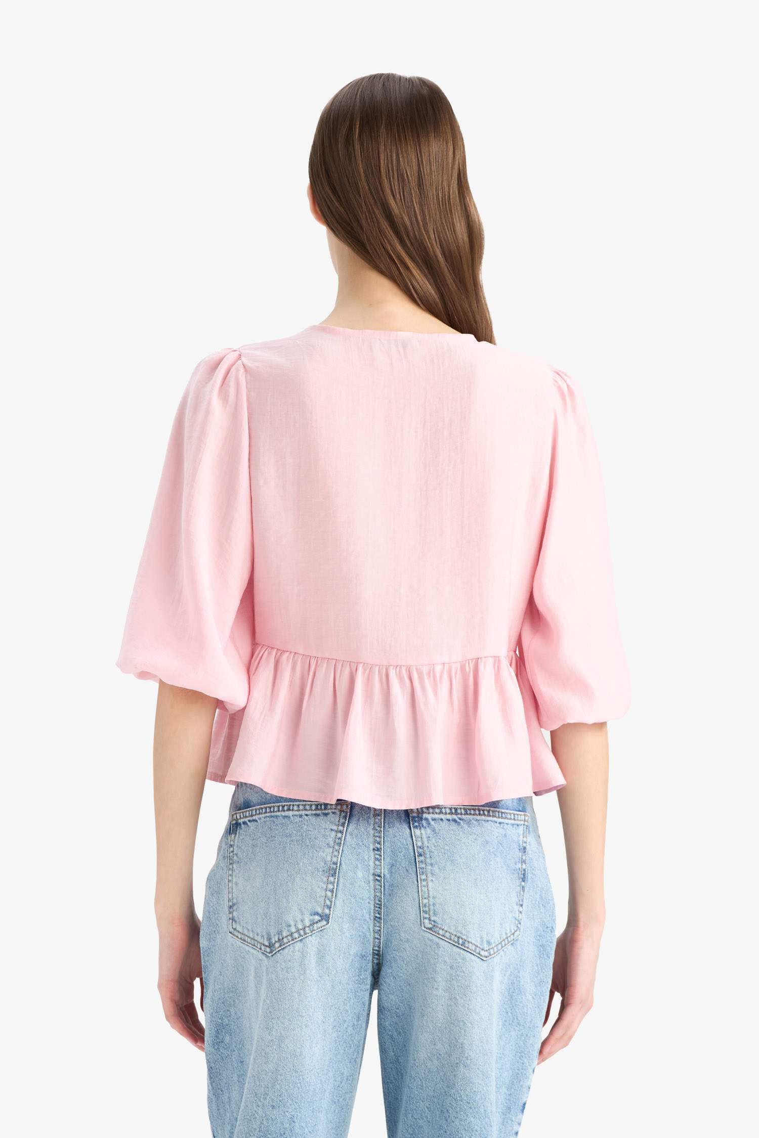 	Regular Fit V Yaka Modal Önden Bağlamalı Uzun Kollu Bluz