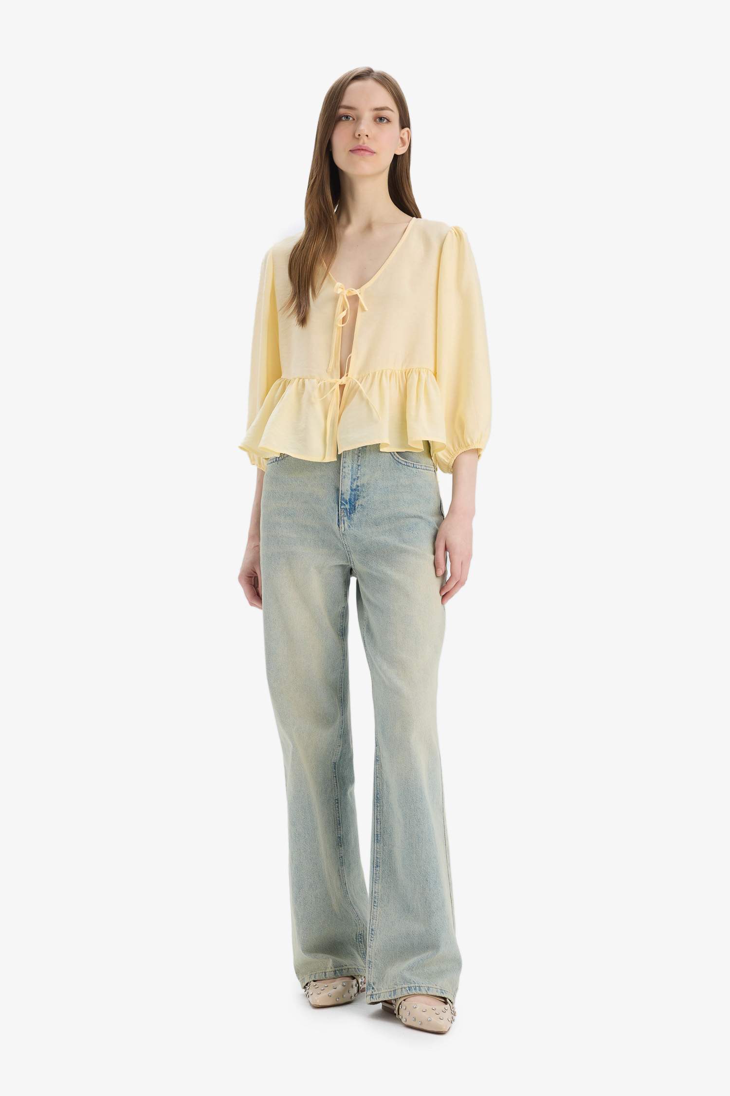 Regular Fit V Yaka Modal Önden Bağlamalı Uzun Kollu Bluz