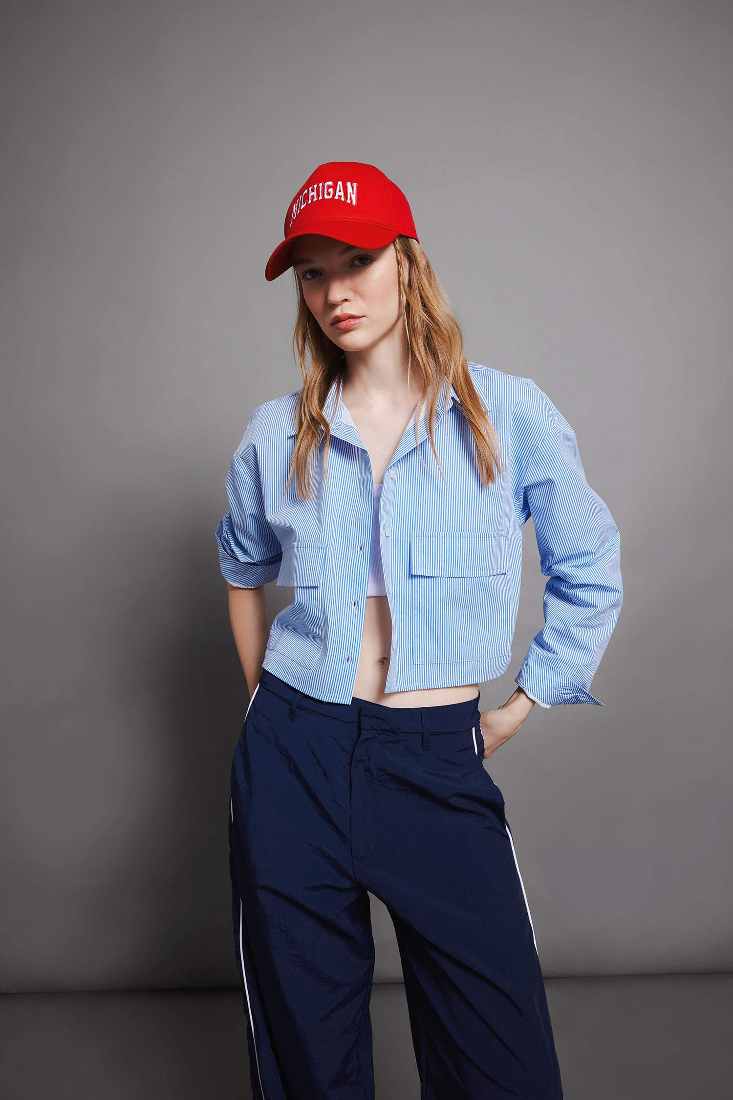 Crop Çizgili Cepli Poplin Uzun Kollu Gömlek