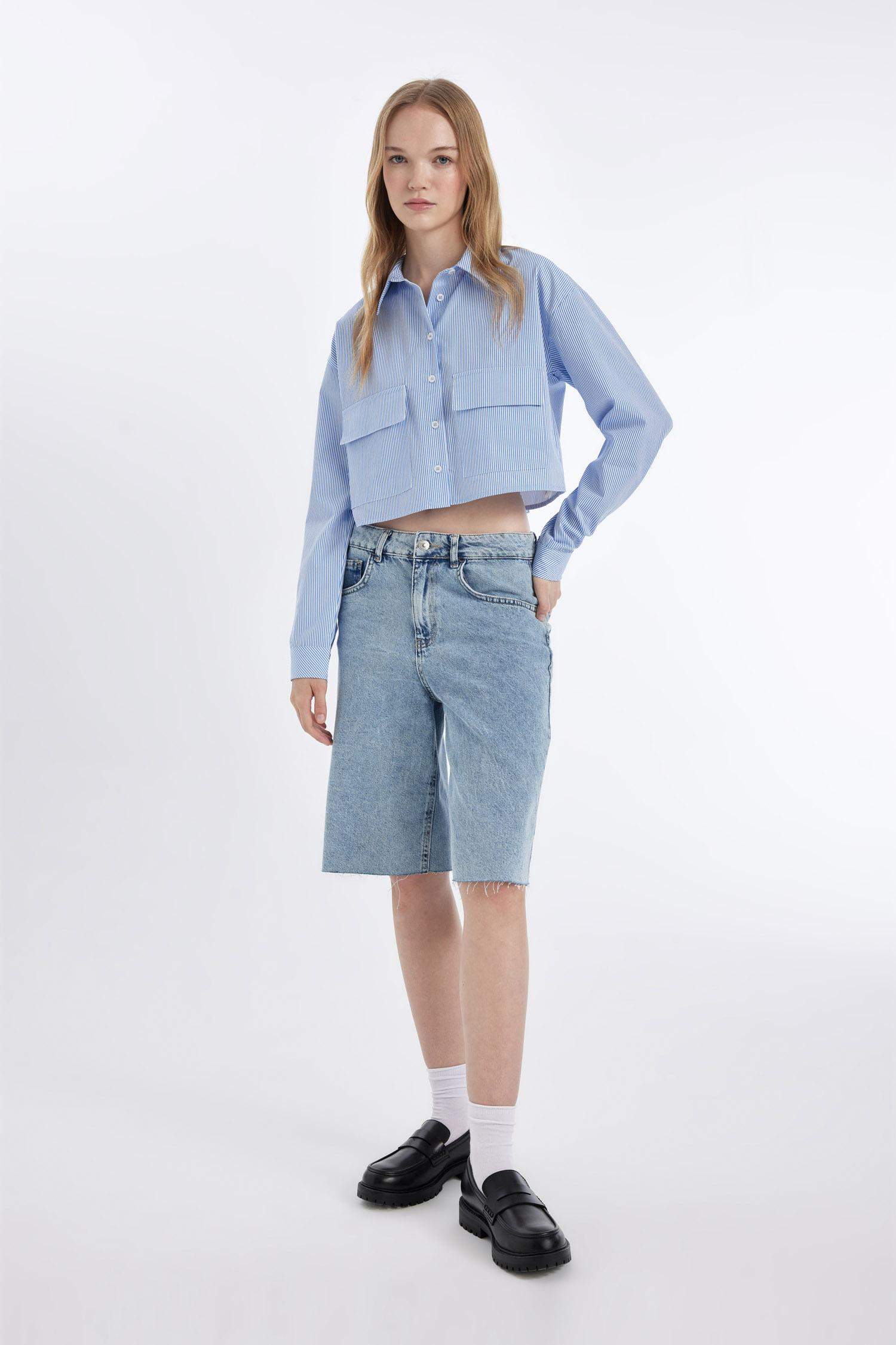 Crop Çizgili Cepli Poplin Uzun Kollu Gömlek