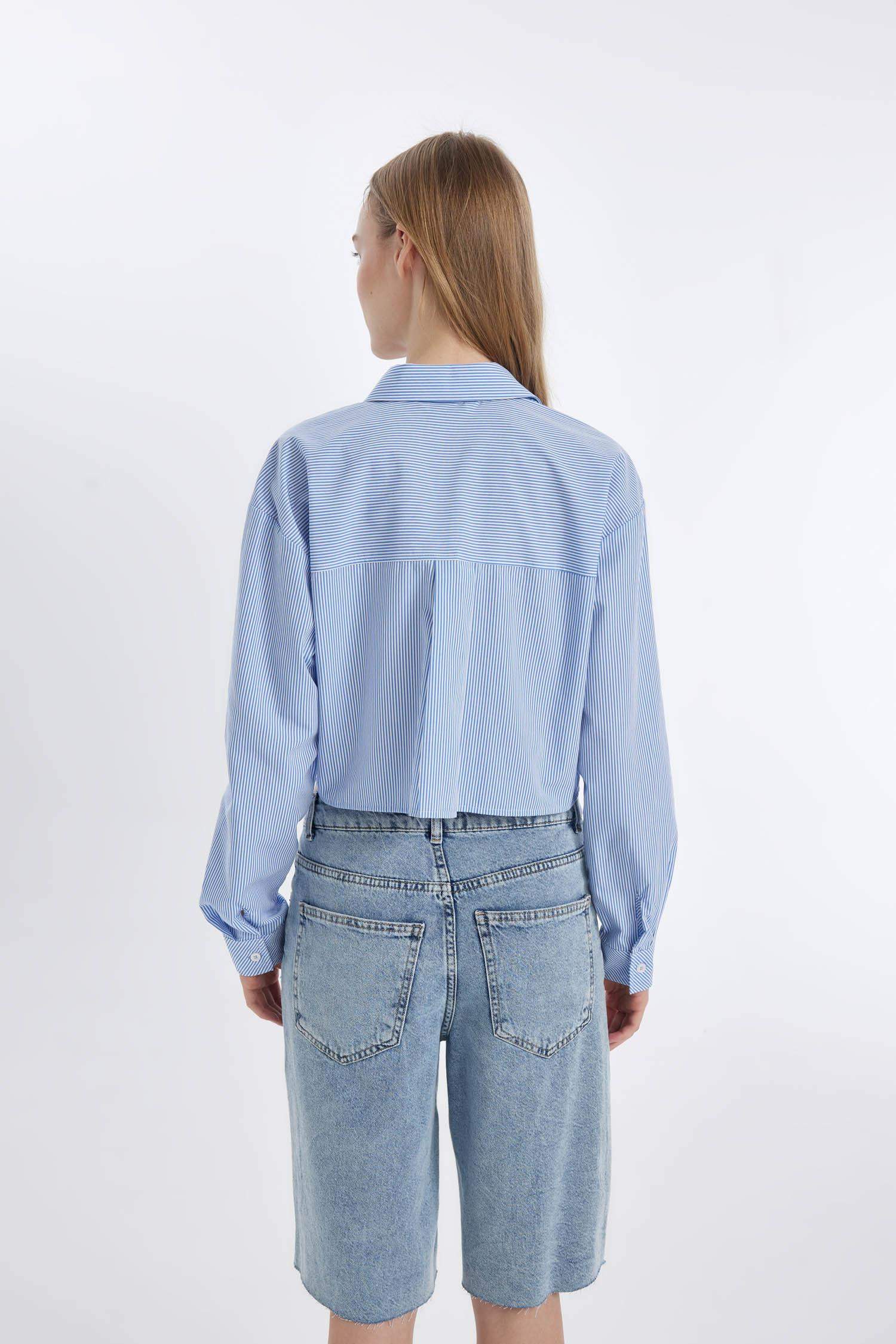 Crop Çizgili Cepli Poplin Uzun Kollu Gömlek