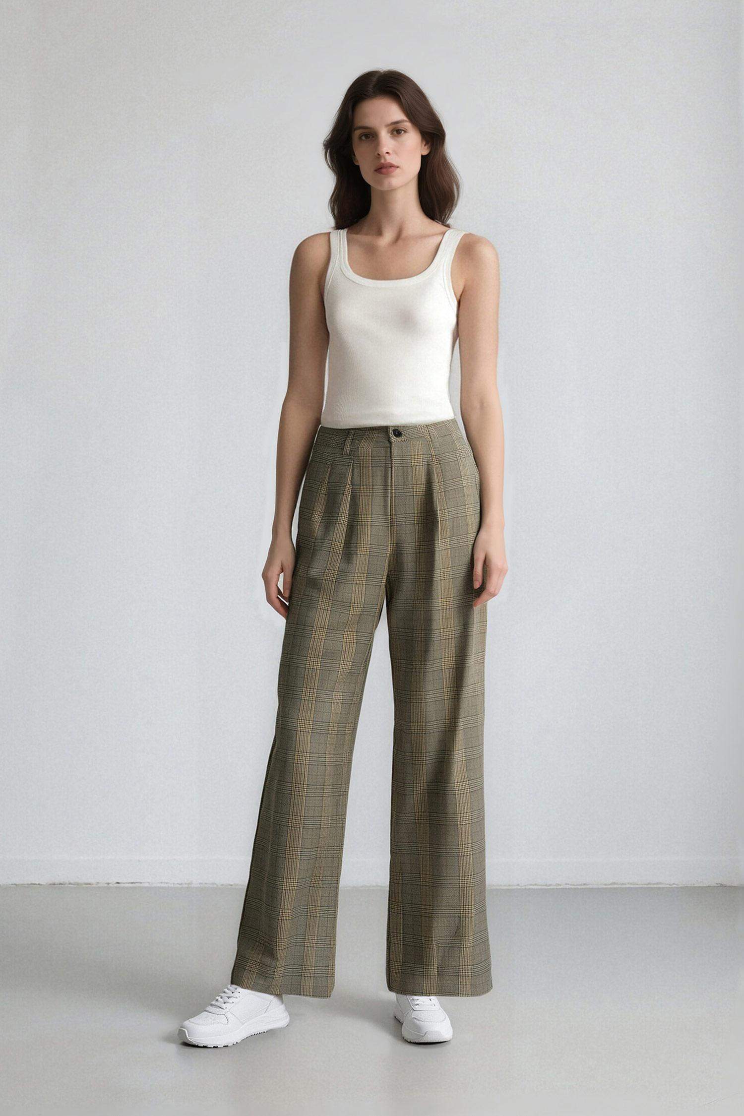 Wide Leg Checkered High Waist Standard Length Trousers
