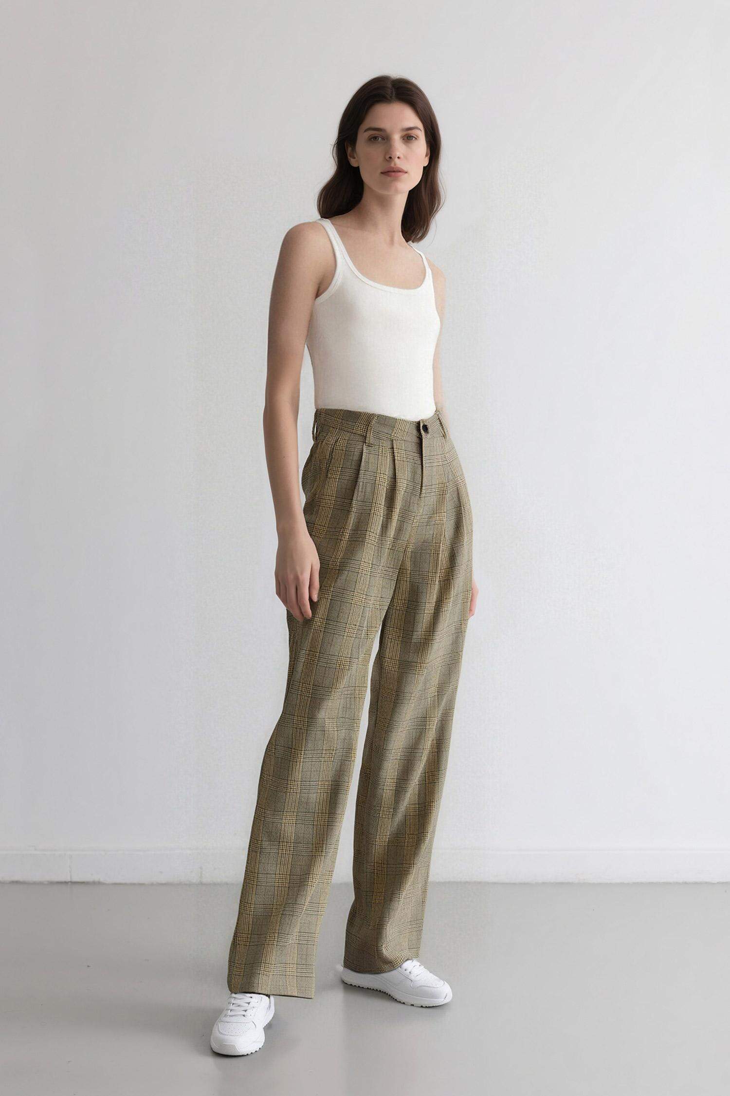 Wide Leg Checkered High Waist Standard Length Trousers