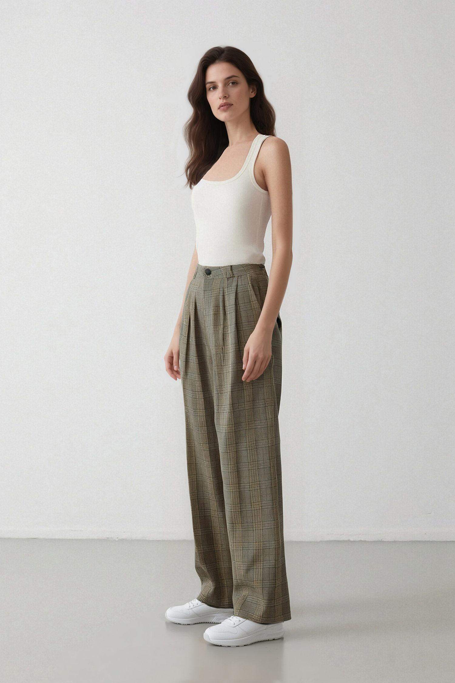 Wide Leg Checkered High Waist Standard Length Trousers