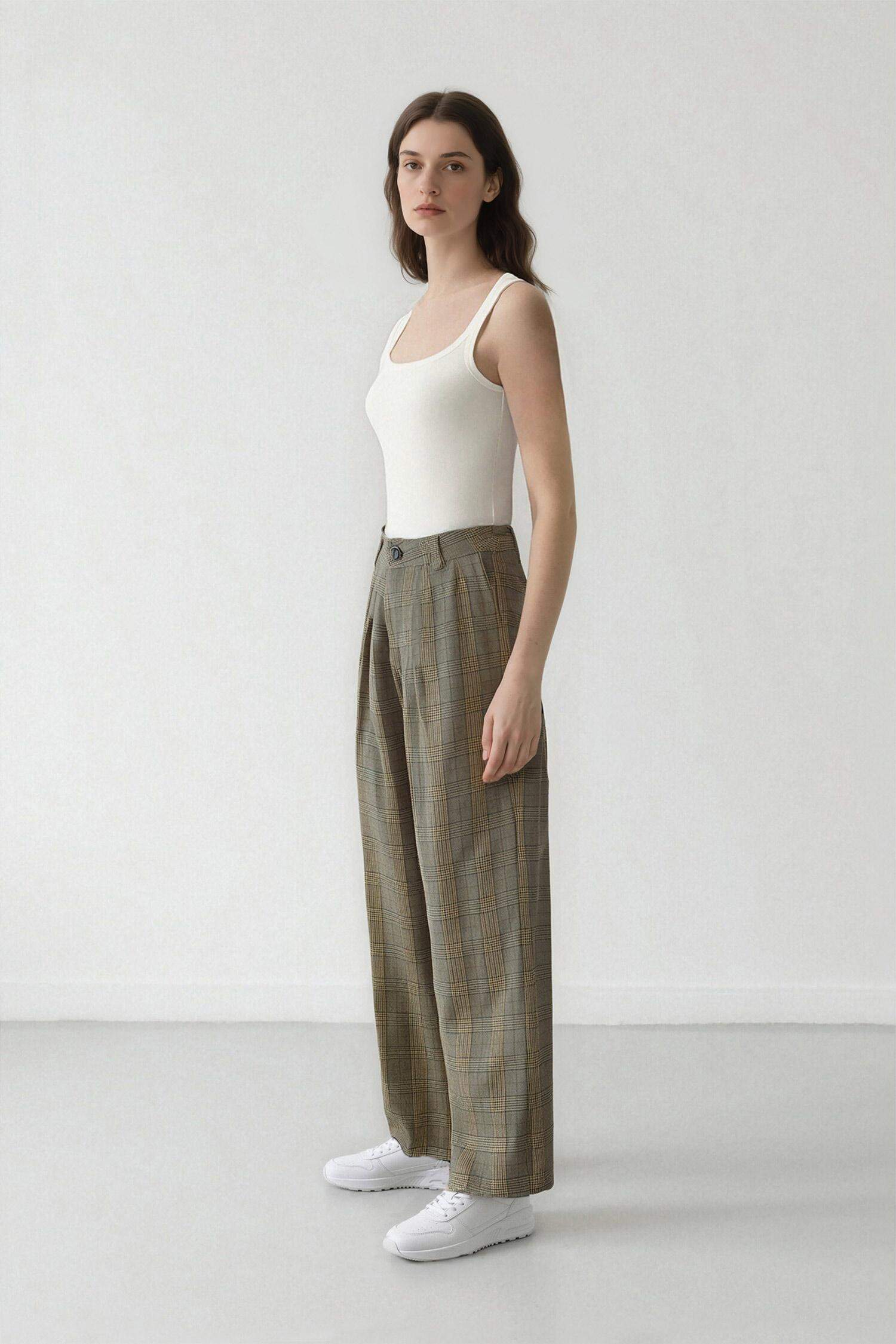 Wide Leg Checkered High Waist Standard Length Trousers