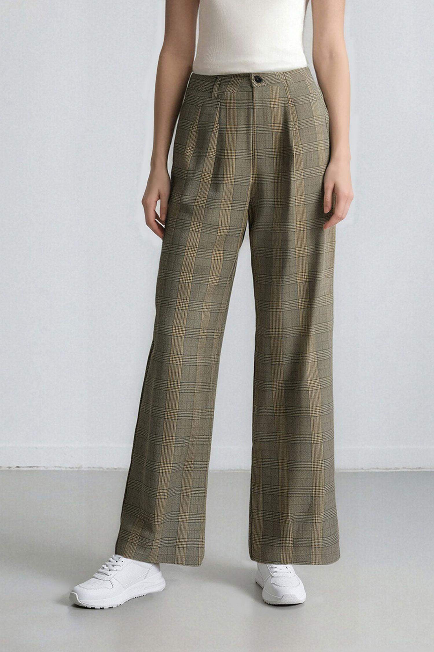 Wide Leg Checkered High Waist Standard Length Trousers