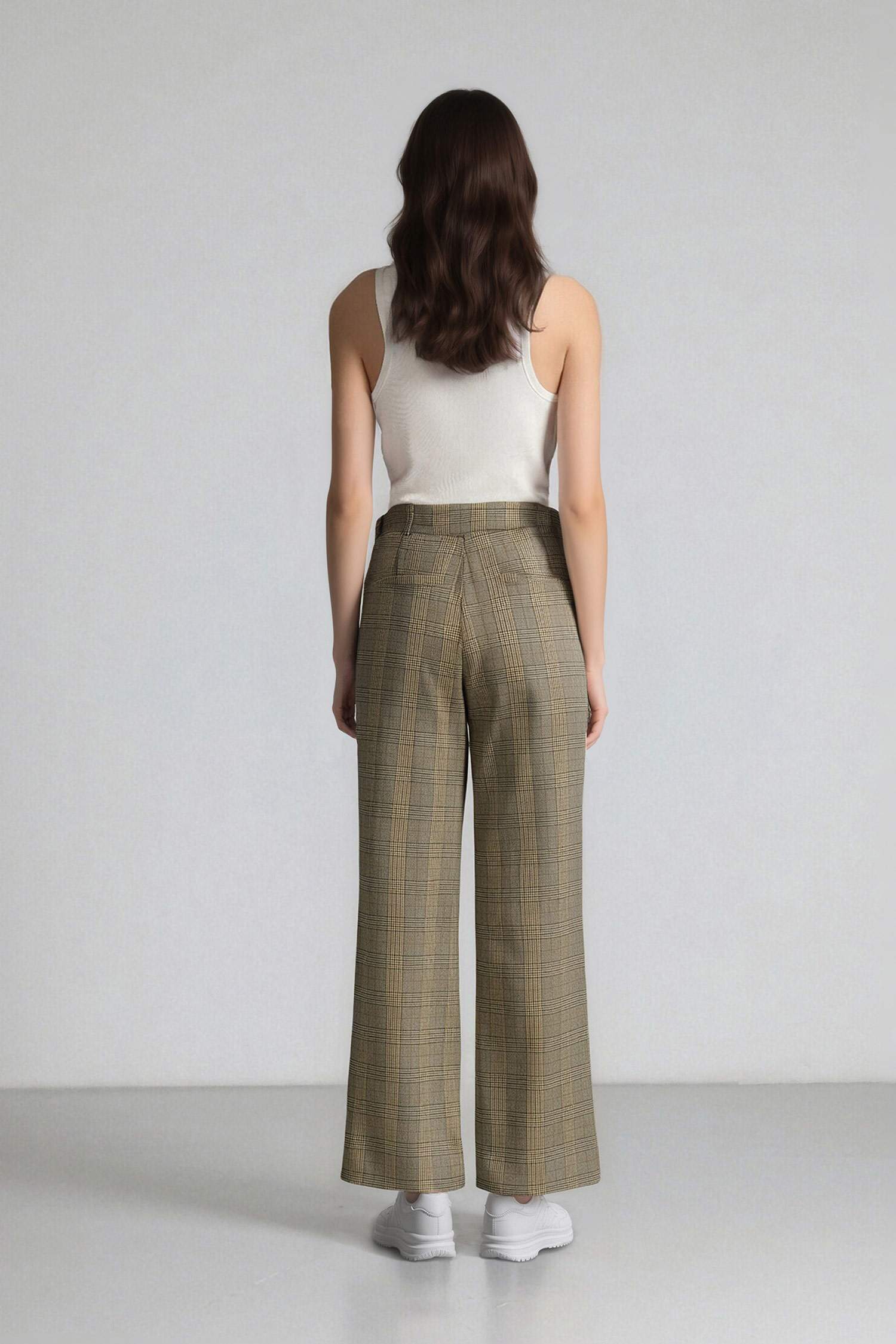Wide Leg Checkered High Waist Standard Length Trousers