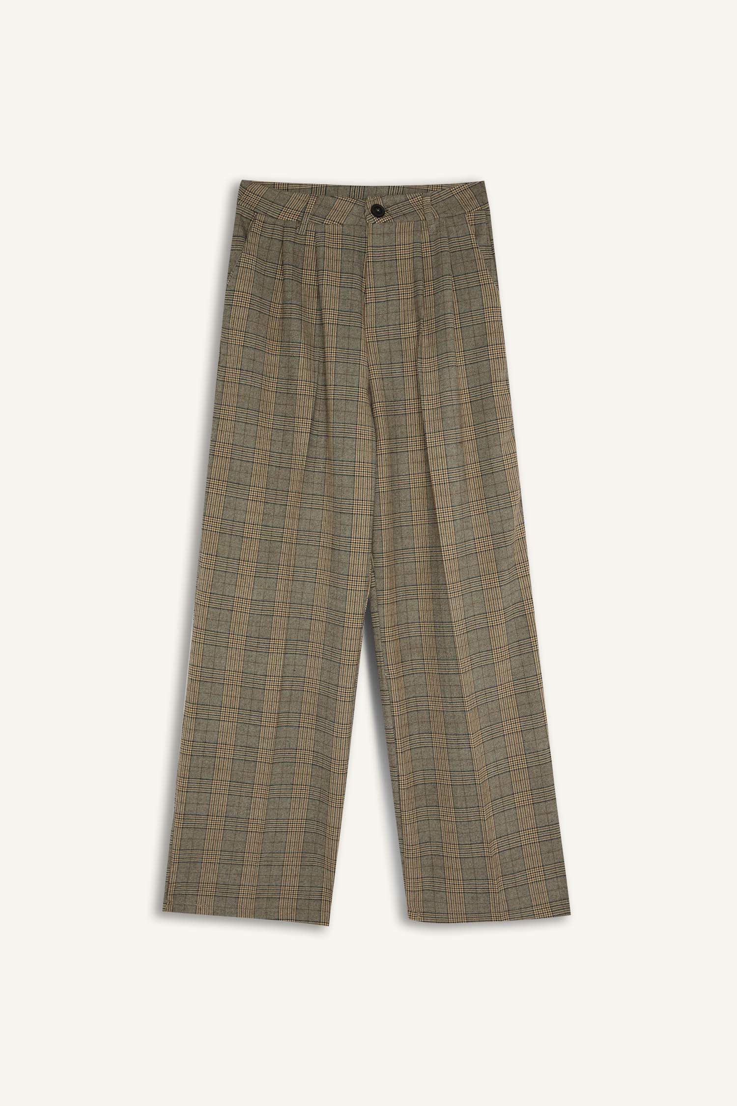 Wide Leg Checkered High Waist Standard Length Trousers