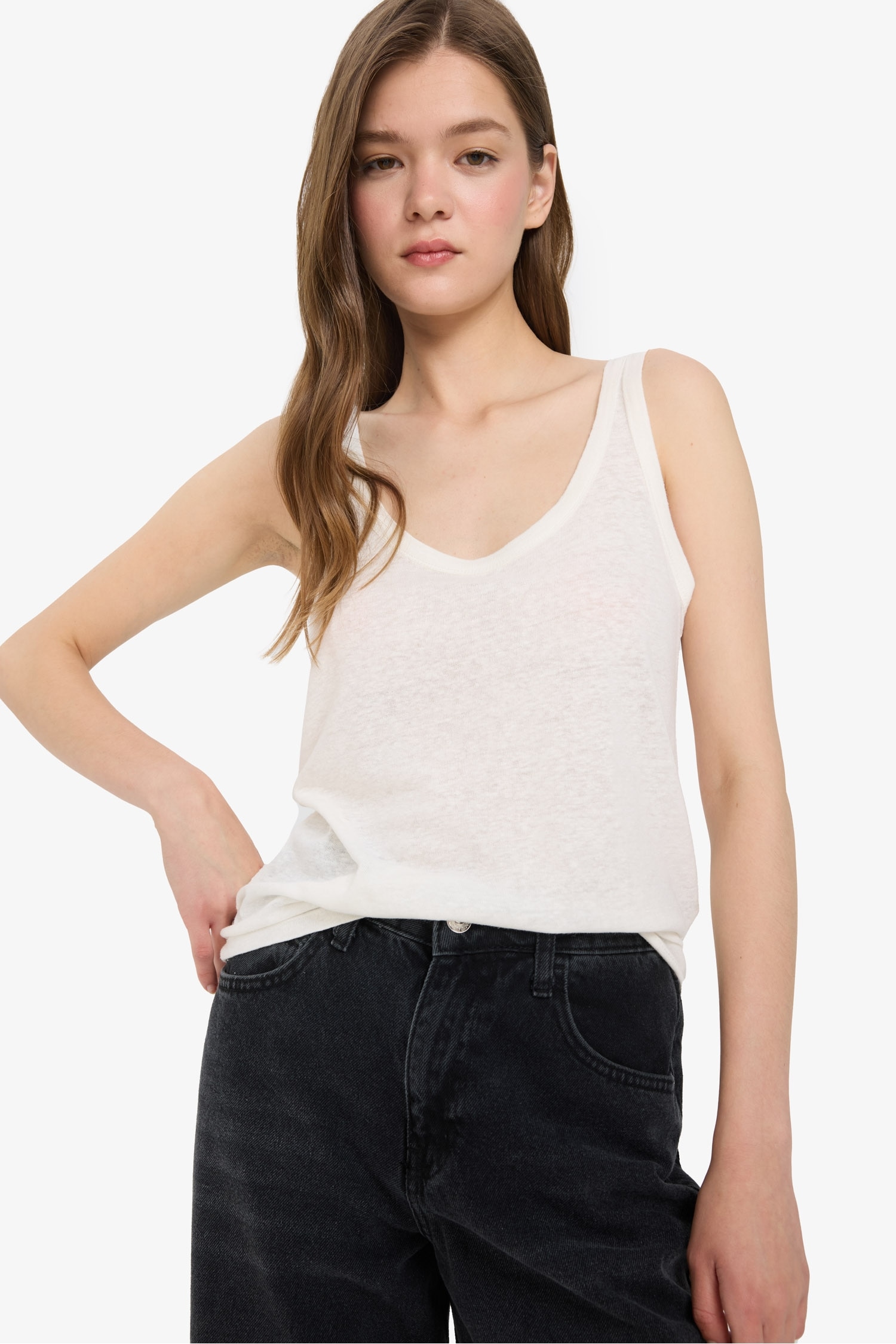 Regular Fit U Yaka Keten Karışımlı Basic Düz Atlet