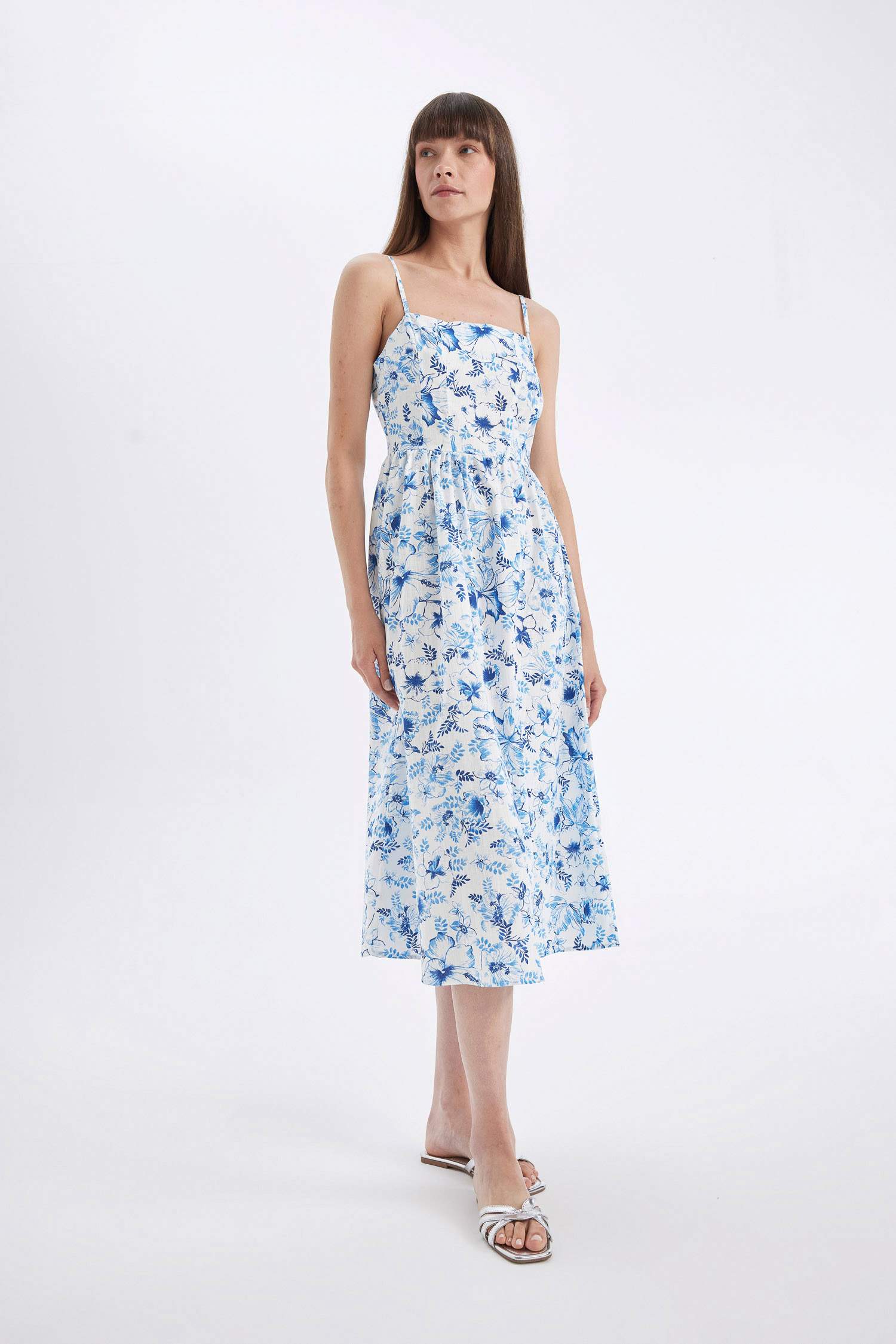 Kare Yaka Desenli Pamuklu Askılı Midi Elbise