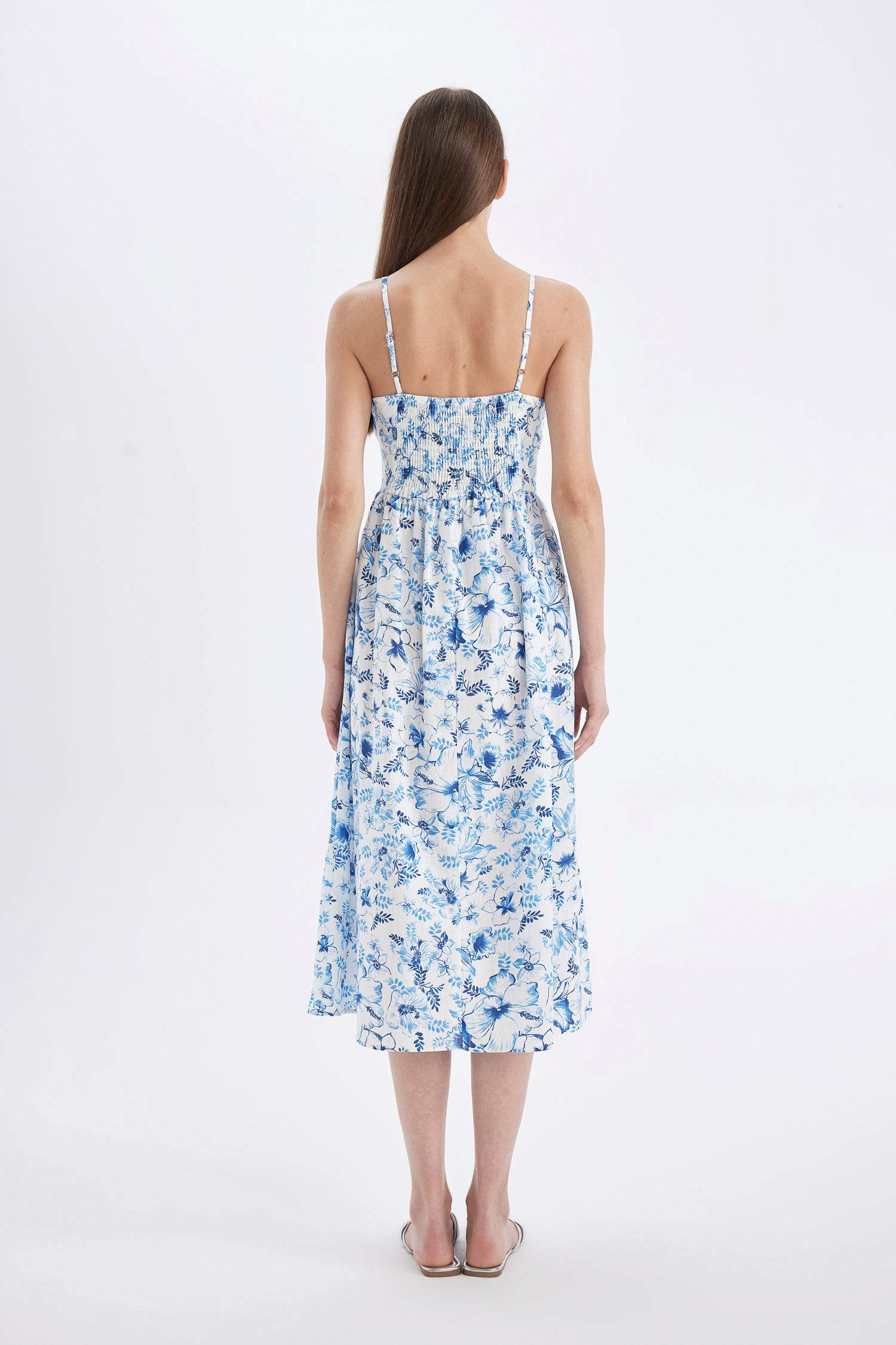 Kare Yaka Desenli Pamuklu Askılı Midi Elbise