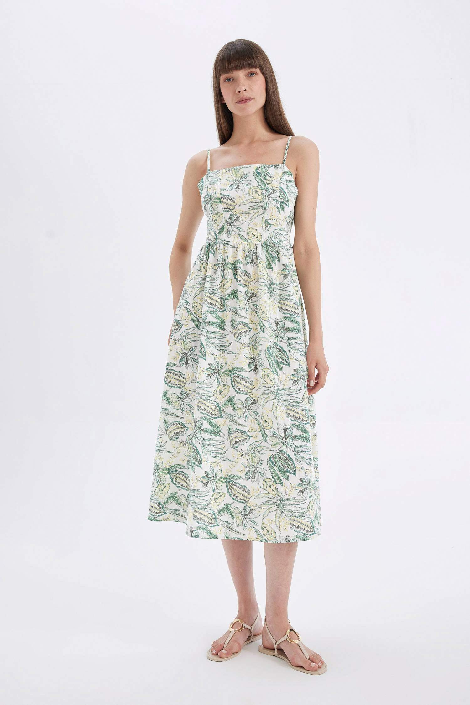 Square Neck Patterned Cotton Strap Midi Dress