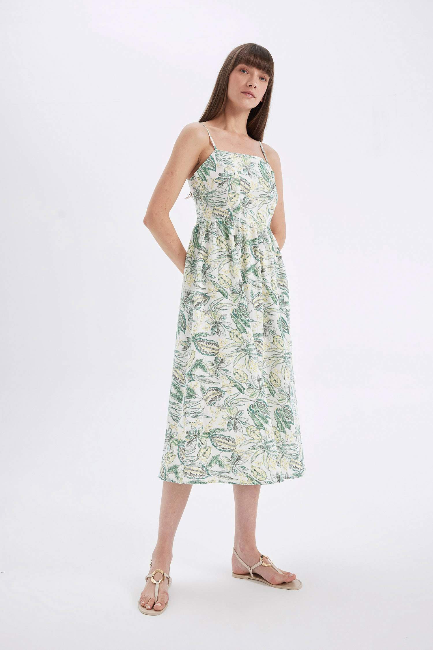 Square Neck Patterned Cotton Strap Midi Dress