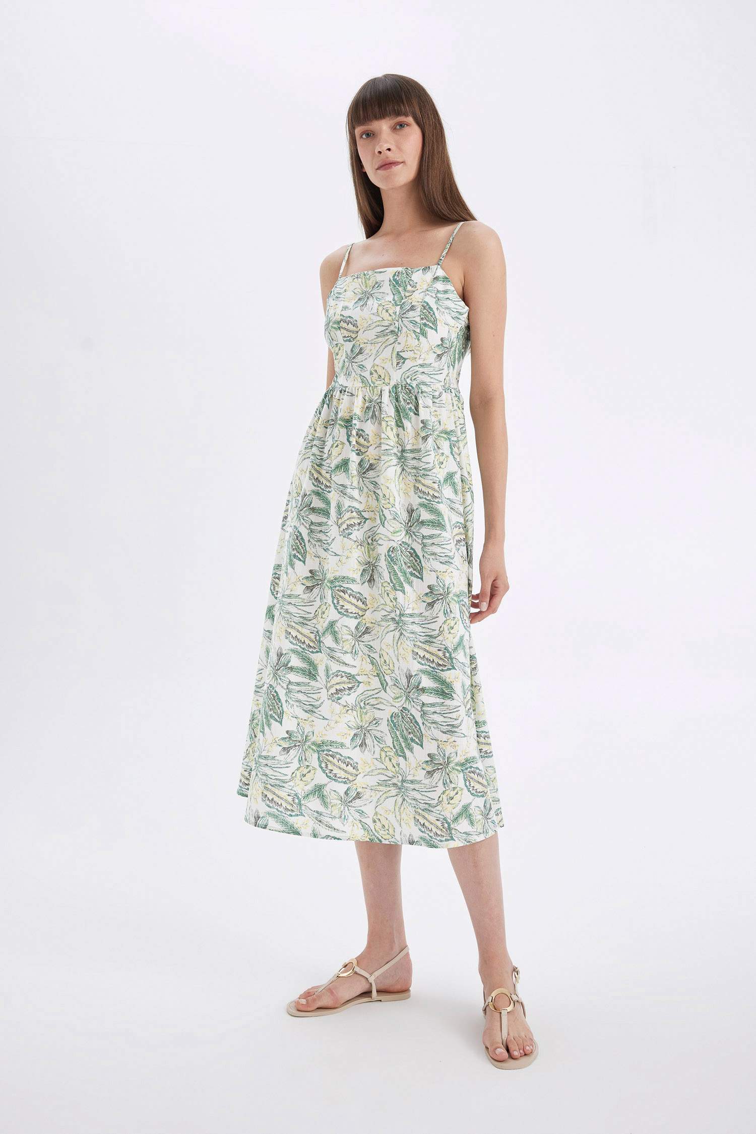 Square Neck Patterned Cotton Strap Midi Dress