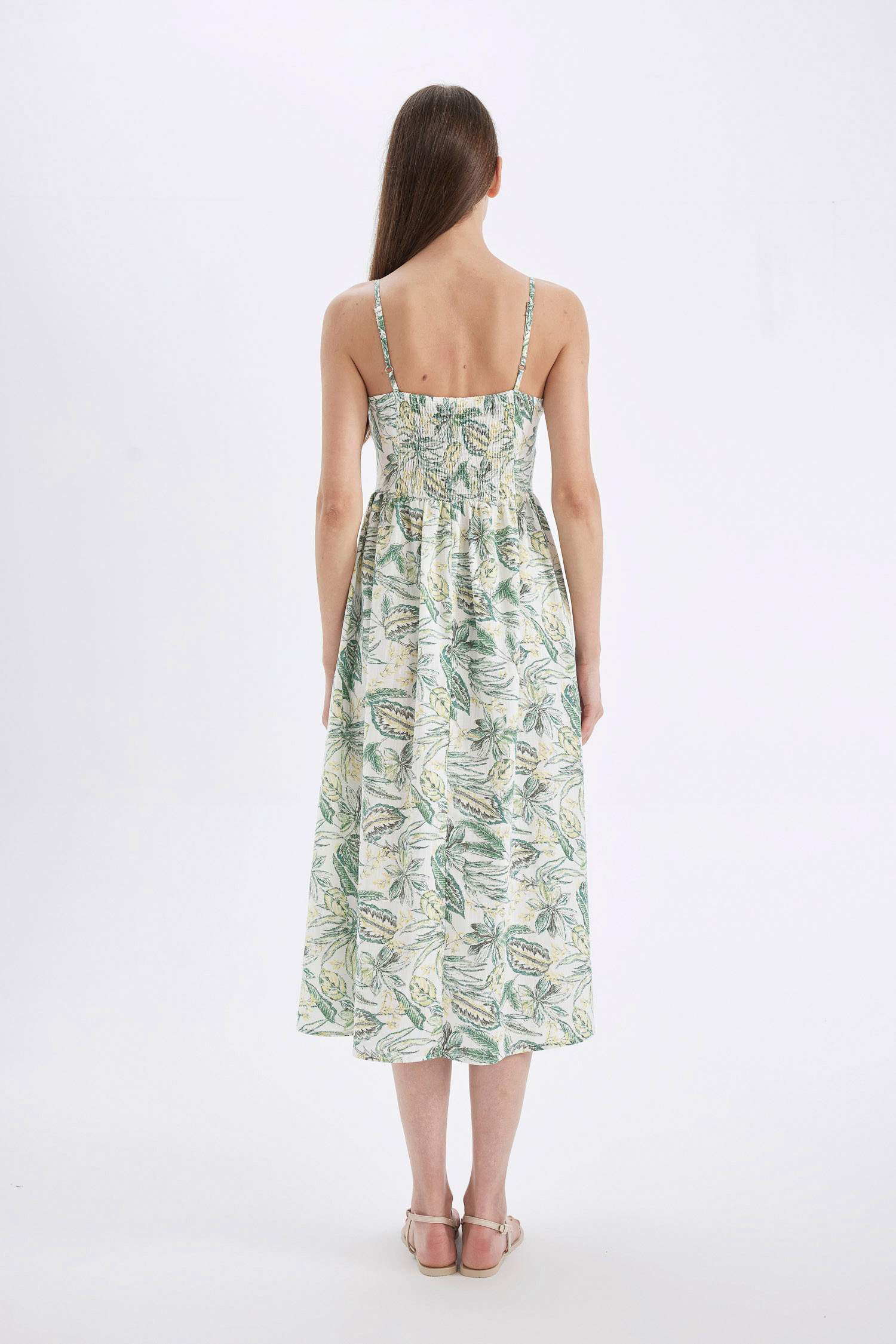 Square Neck Patterned Cotton Strap Midi Dress