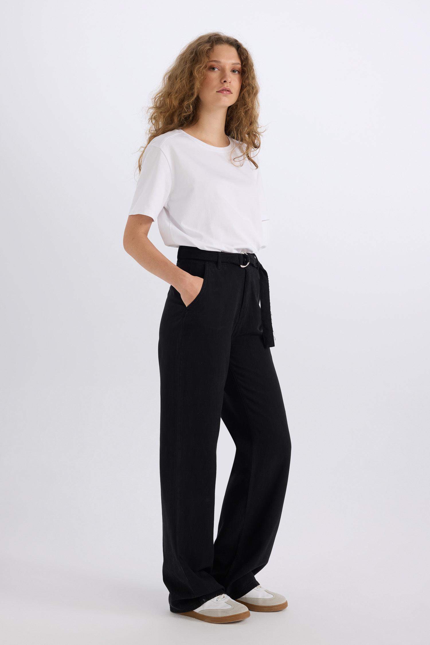 Wide Leg High Waist Basic Belted Modal Black Trousers