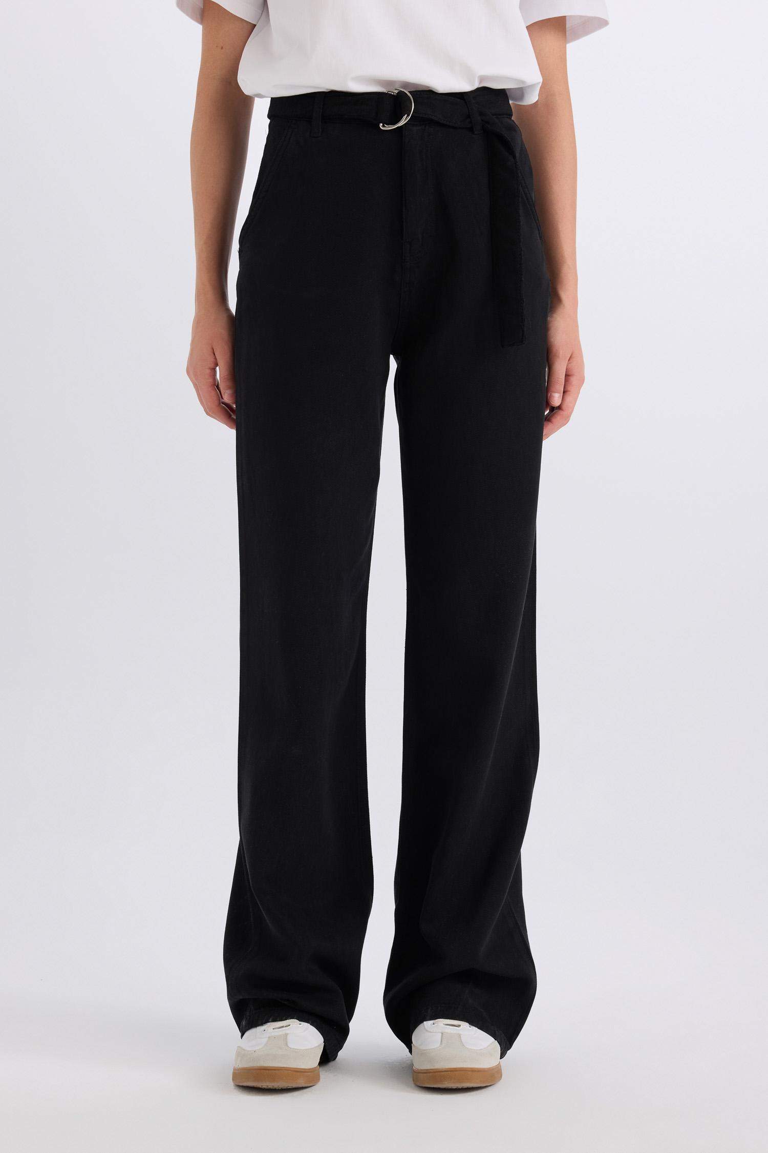 Wide Leg High Waist Basic Belted Modal Black Trousers