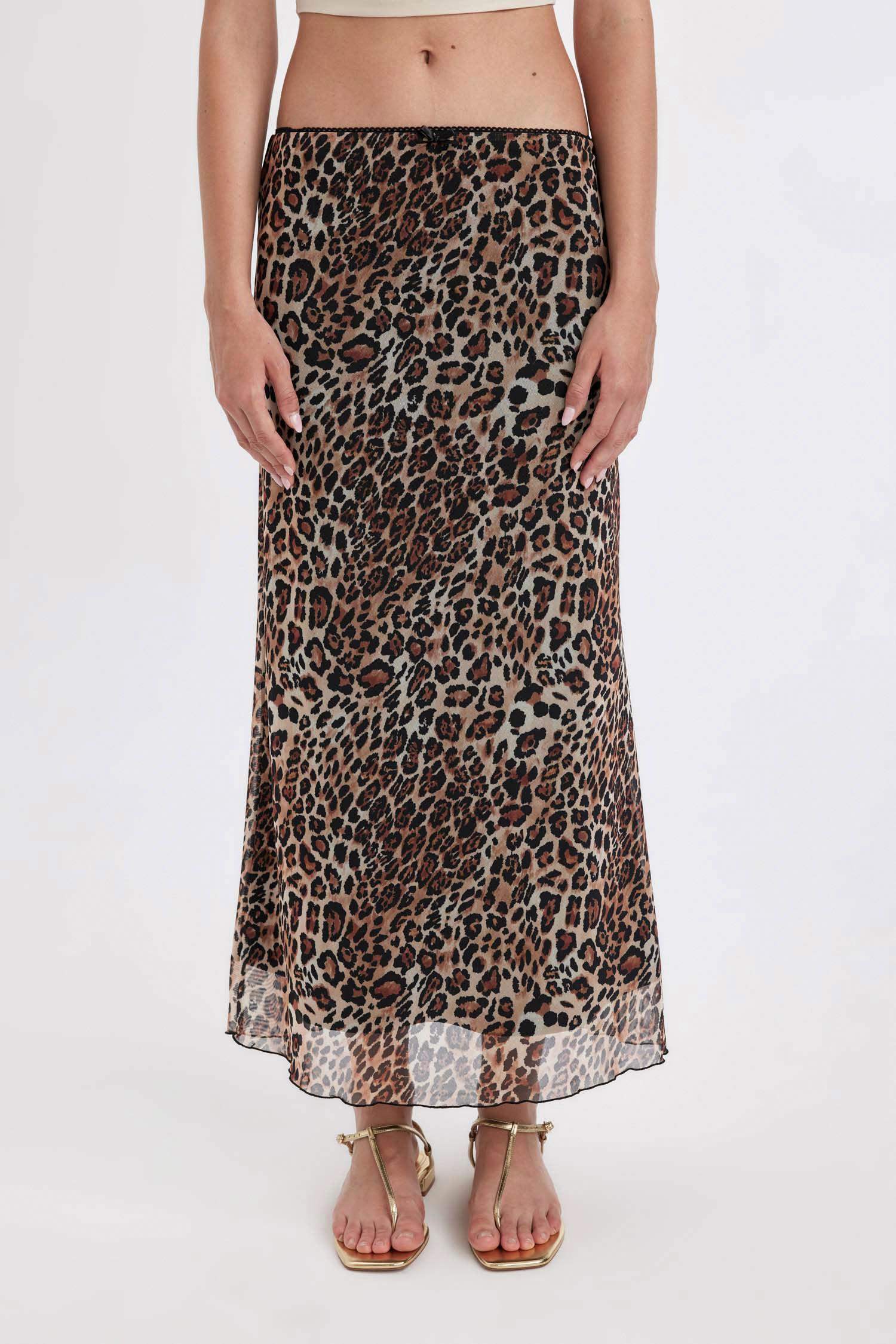 A Kesim Leopar Desenli Yüksek Bel Pamuk Astarlı Tül Maxi Etek