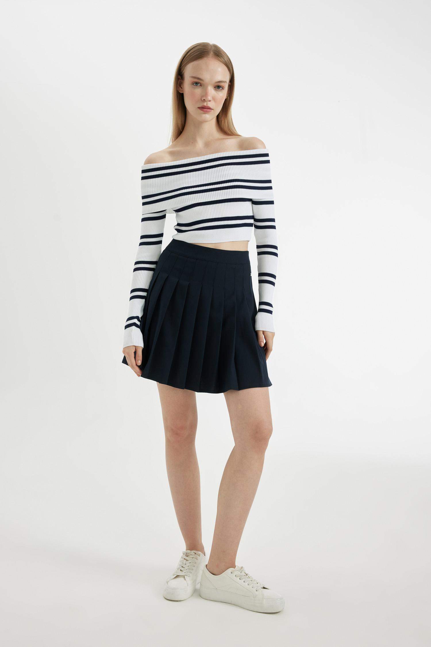 Coool Pilise Yüksek Bel Basic Düz Gizli Fermuarlı Lacivert Mini Etek