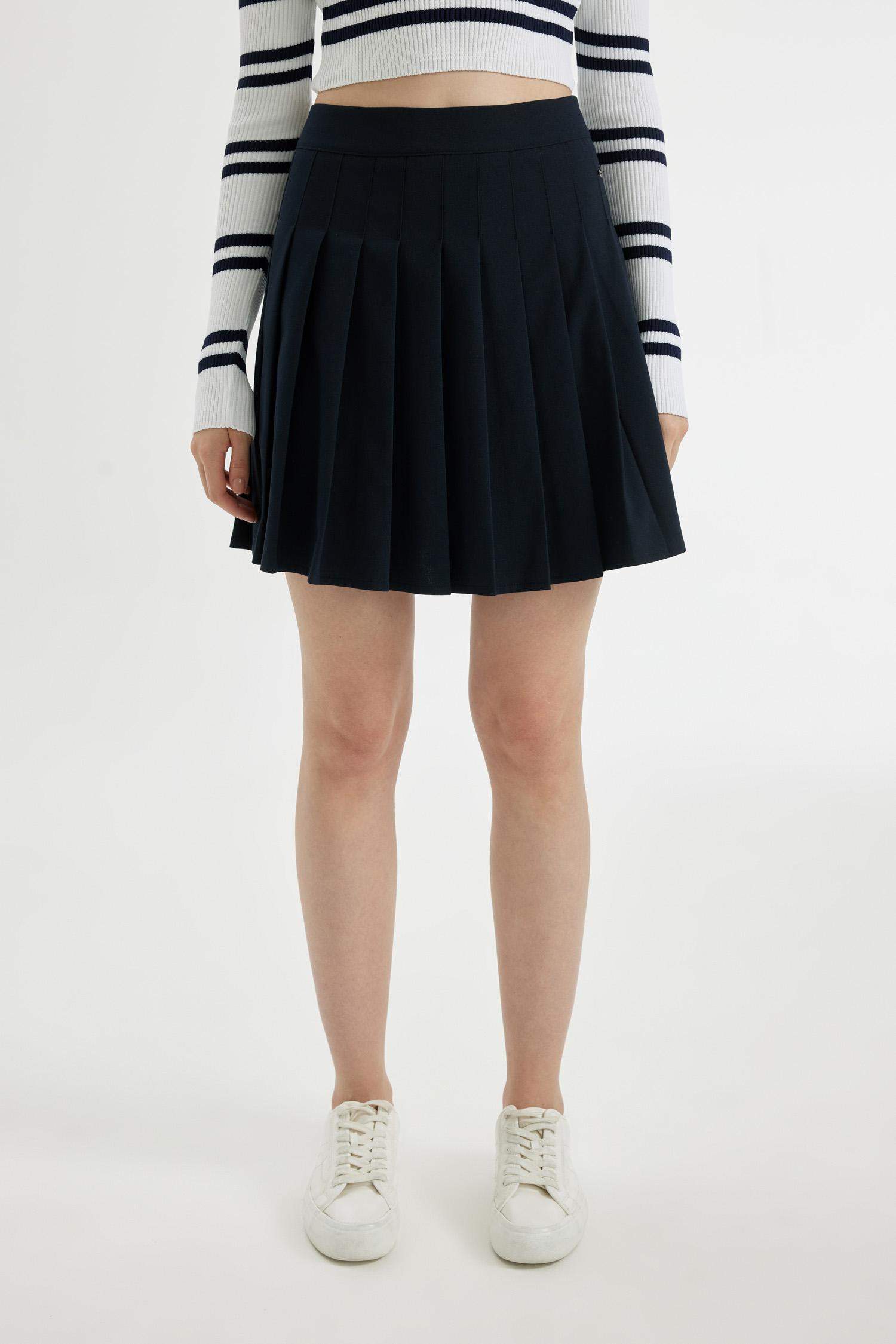 Coool Pilise Yüksek Bel Basic Düz Gizli Fermuarlı Lacivert Mini Etek