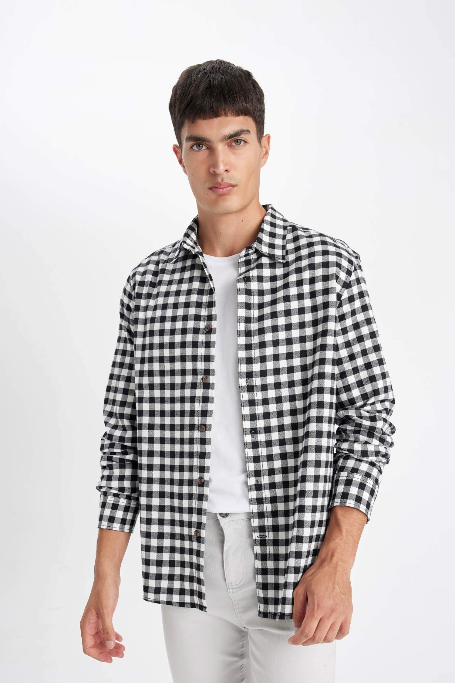 поло жаға чек фланель Ұзын жеңді көйлек