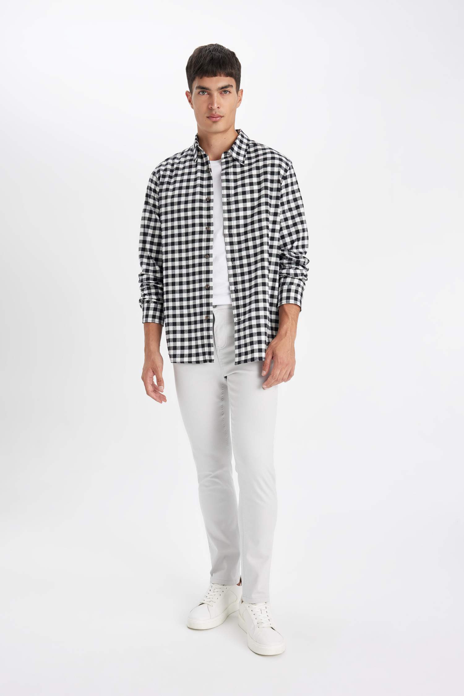 поло жаға чек фланель Ұзын жеңді көйлек