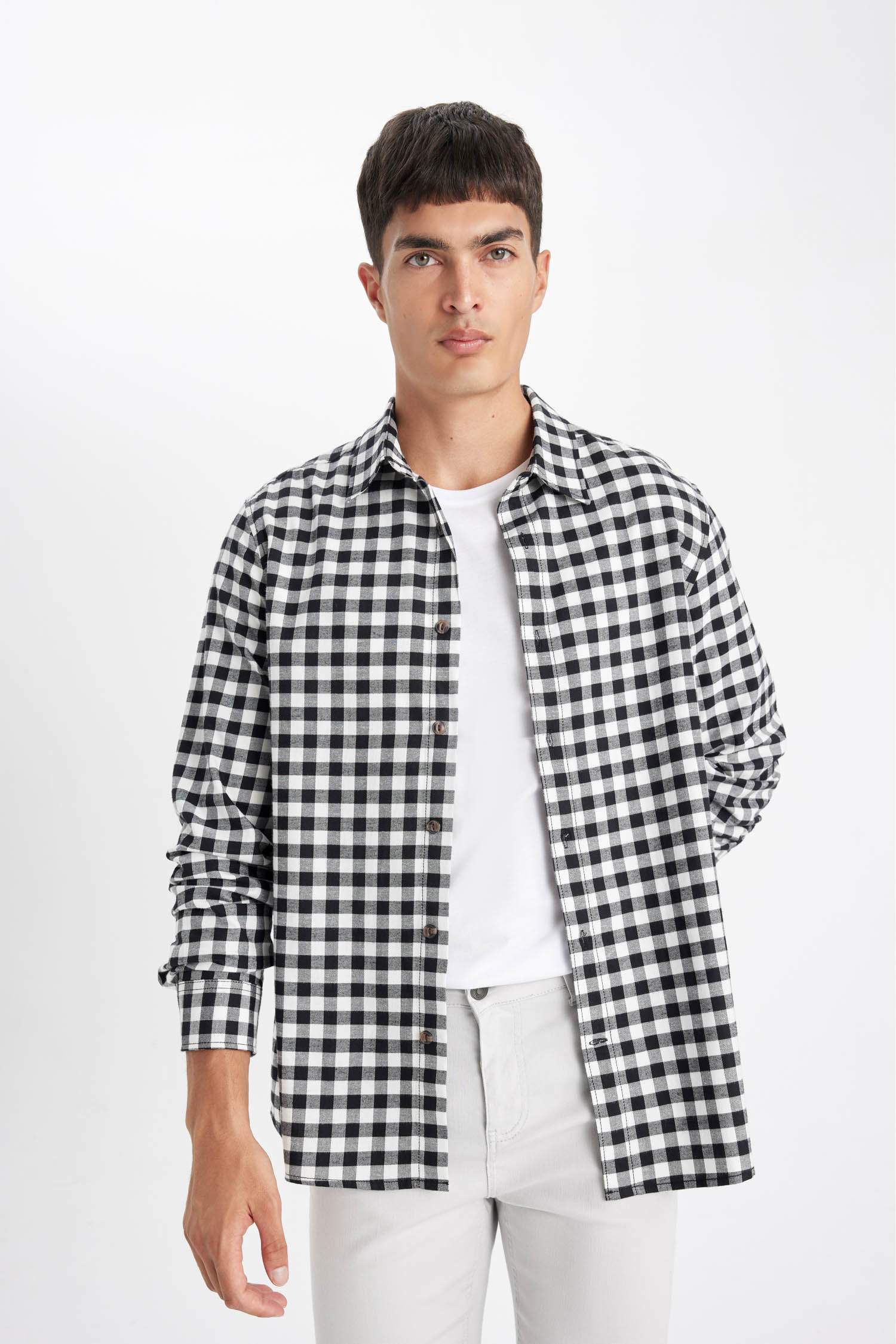 поло жаға чек фланель Ұзын жеңді көйлек