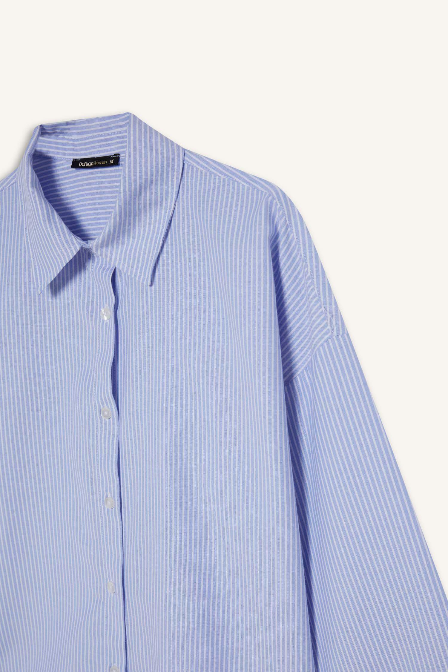 Oversize Fit Shirt Collar Oxford Striped Long Sleeve Shirt