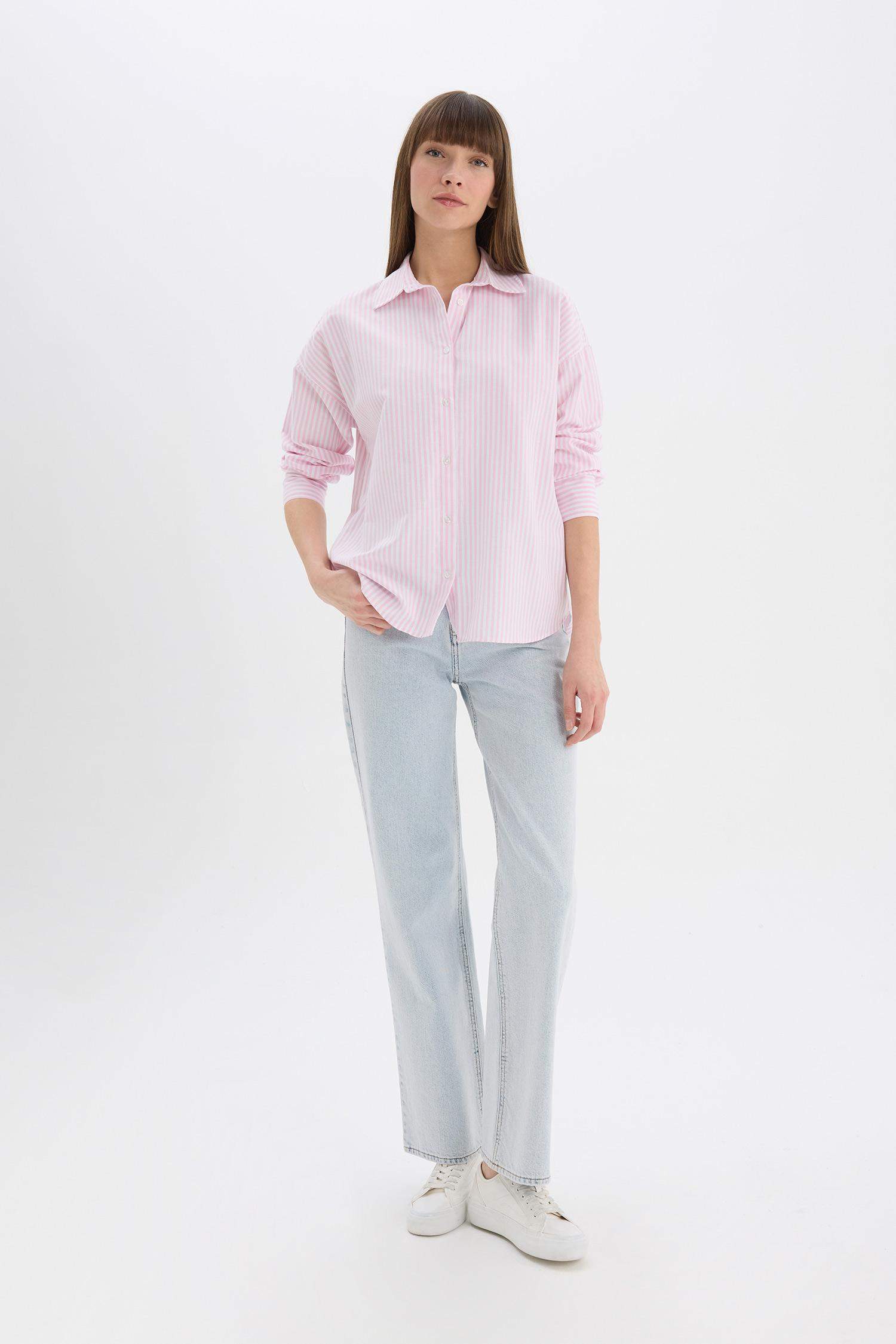 Oversize Geniş Kalıp Çizgili Oxford Uzun Kollu Gömlek