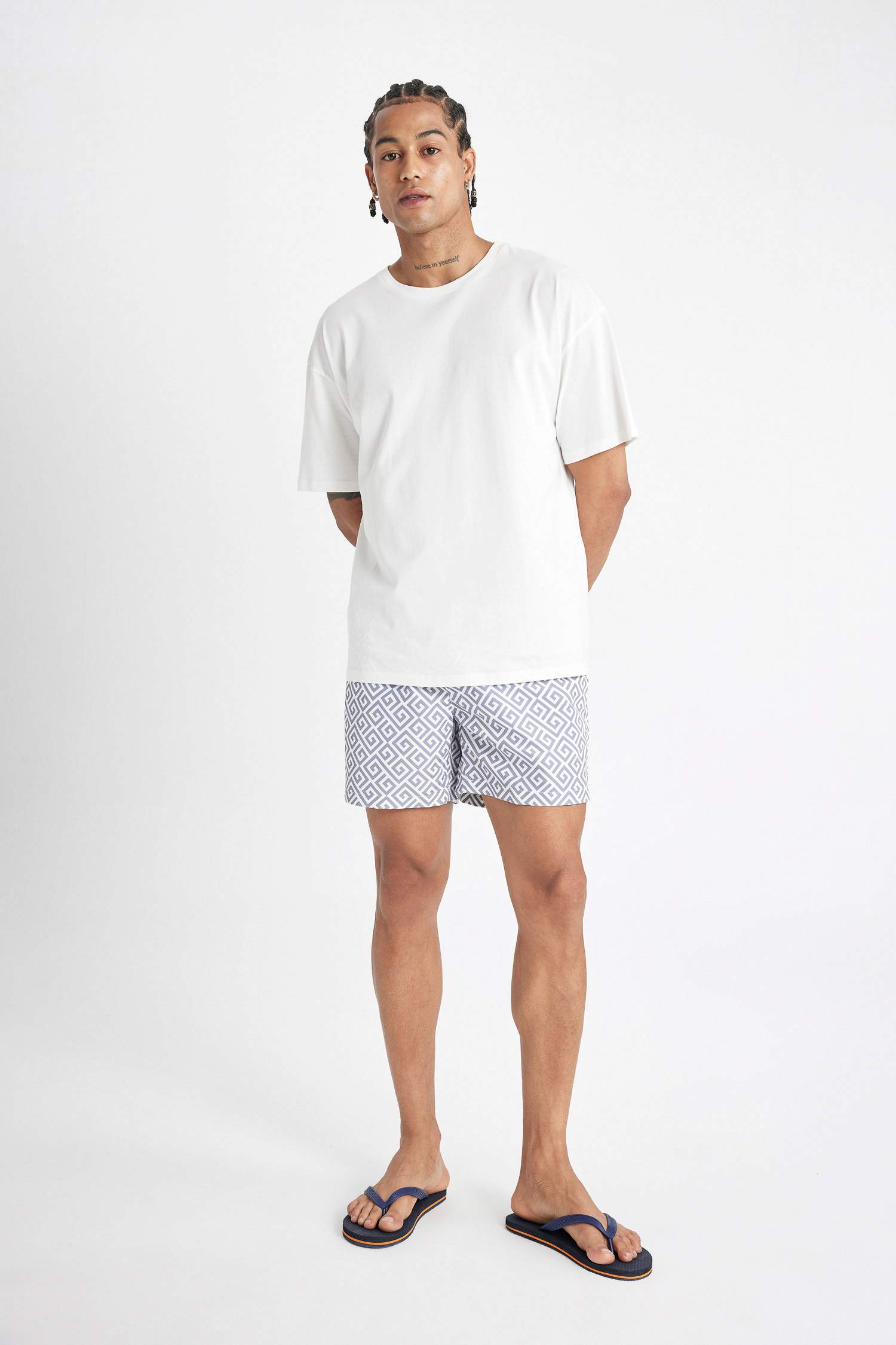 Patterned Mesh Lined Short Swim Shorts